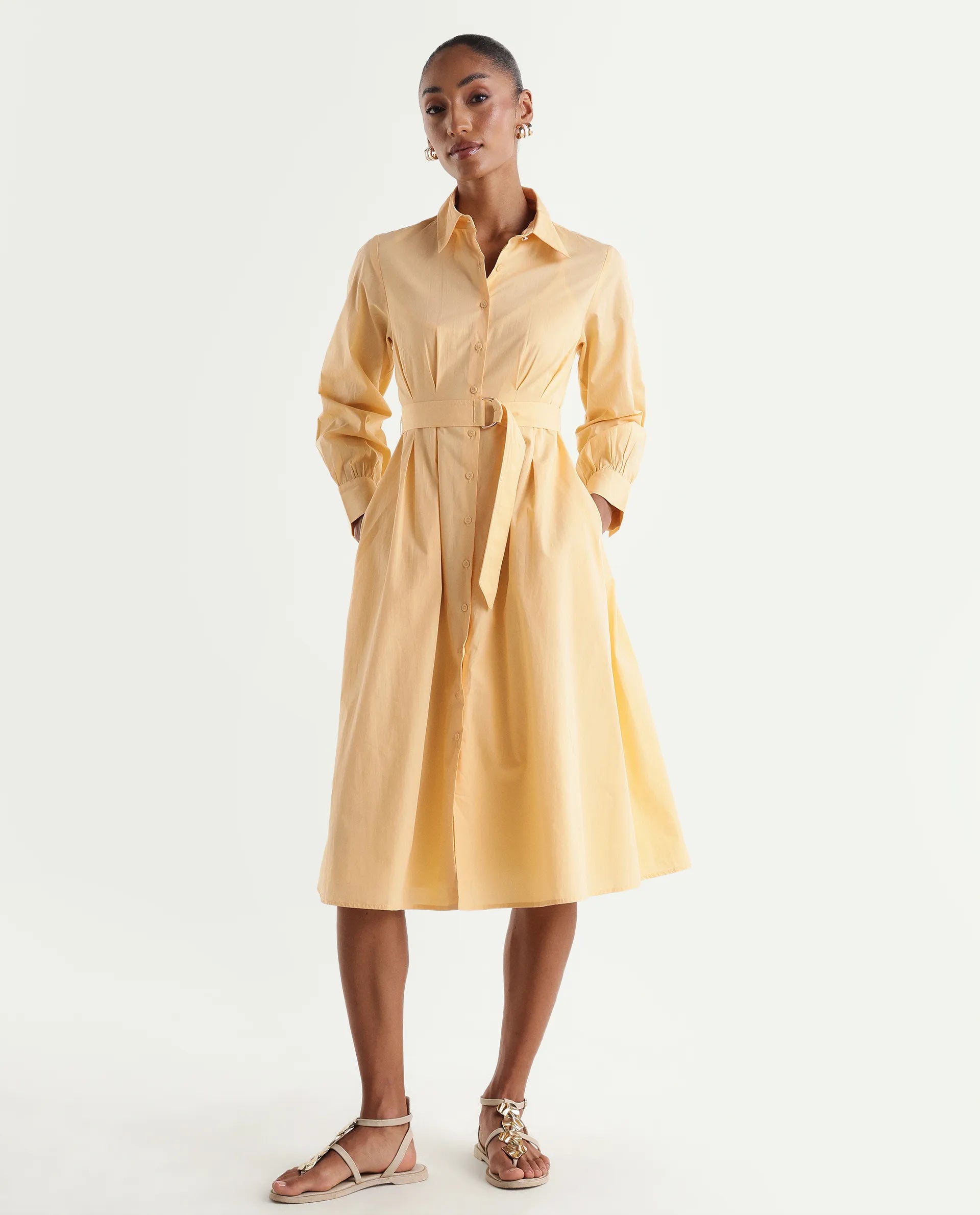 Rareism Women's Misar Light Yellow Cotton Full Sleeve Spread Collar A-Line Dress