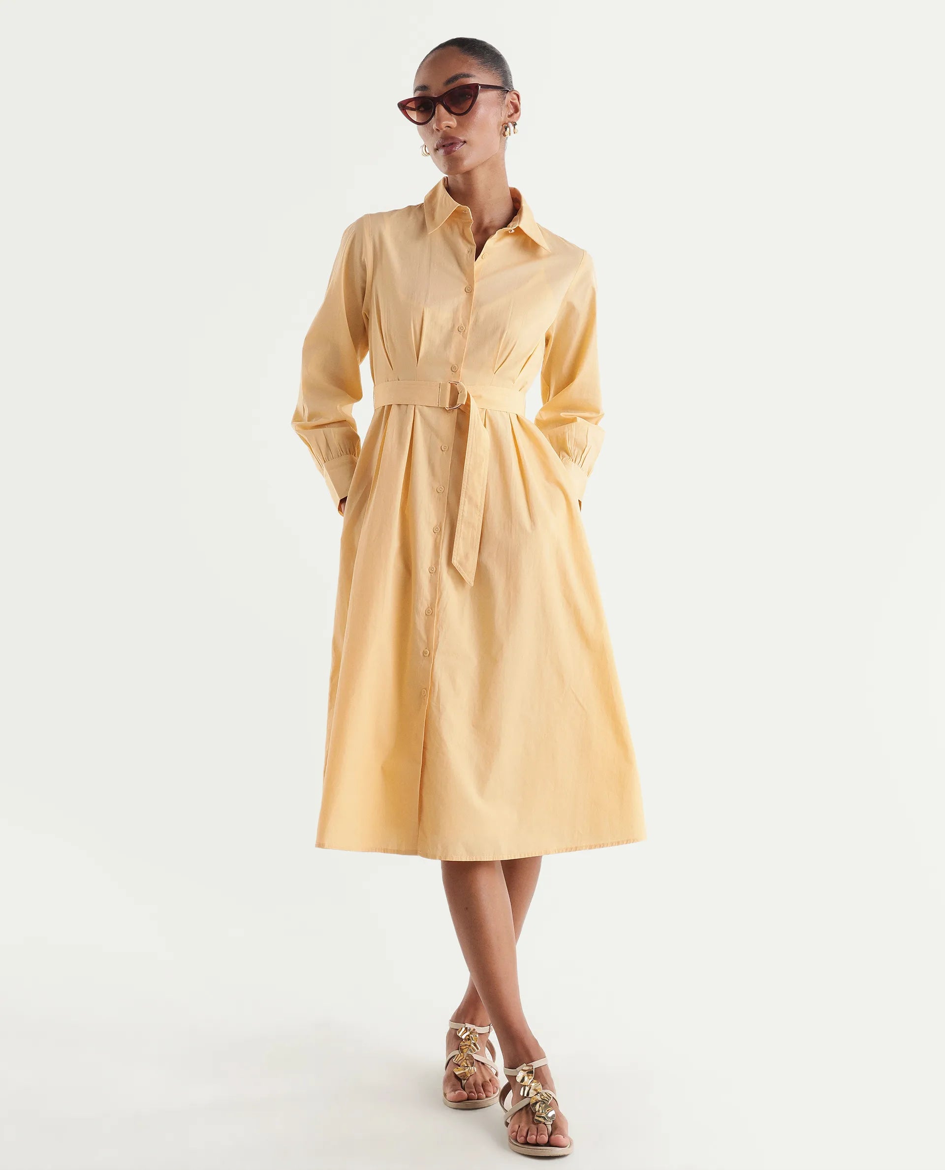 Rareism Women's Misar Light Yellow Cotton Full Sleeve Spread Collar A-Line Dress