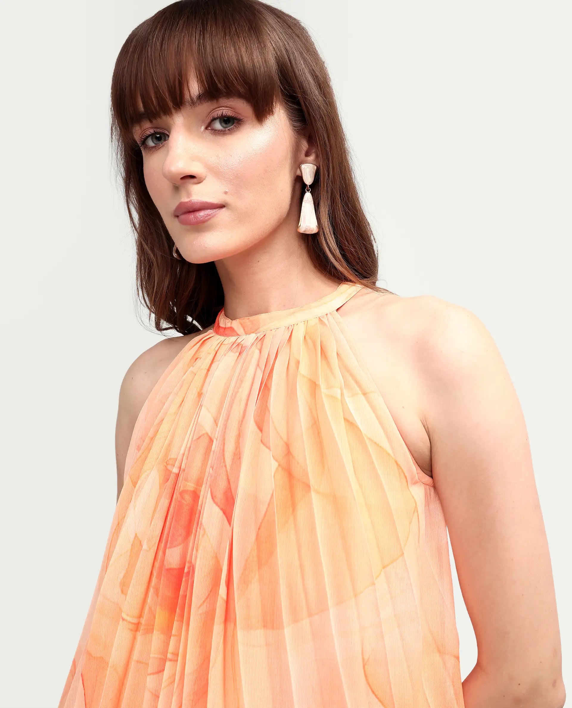 Rareism Women's Mlare Yellow Cotton Blend Sleeveless Halter Neck A-Line Floral Print Dress