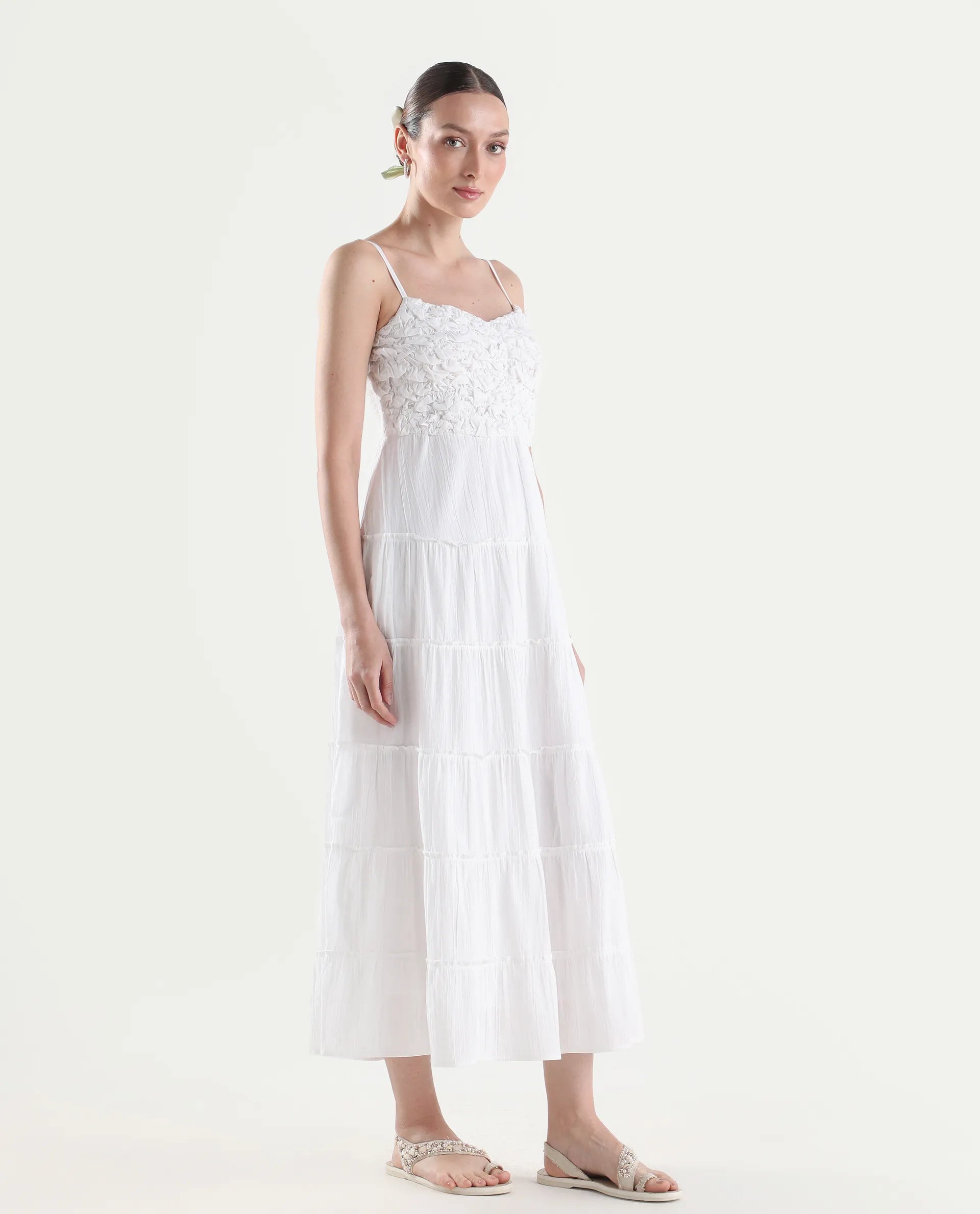 Rareism Women's Moanna Off White Cotton Blend Sleeveless Square Neck Fit And Flare Dress