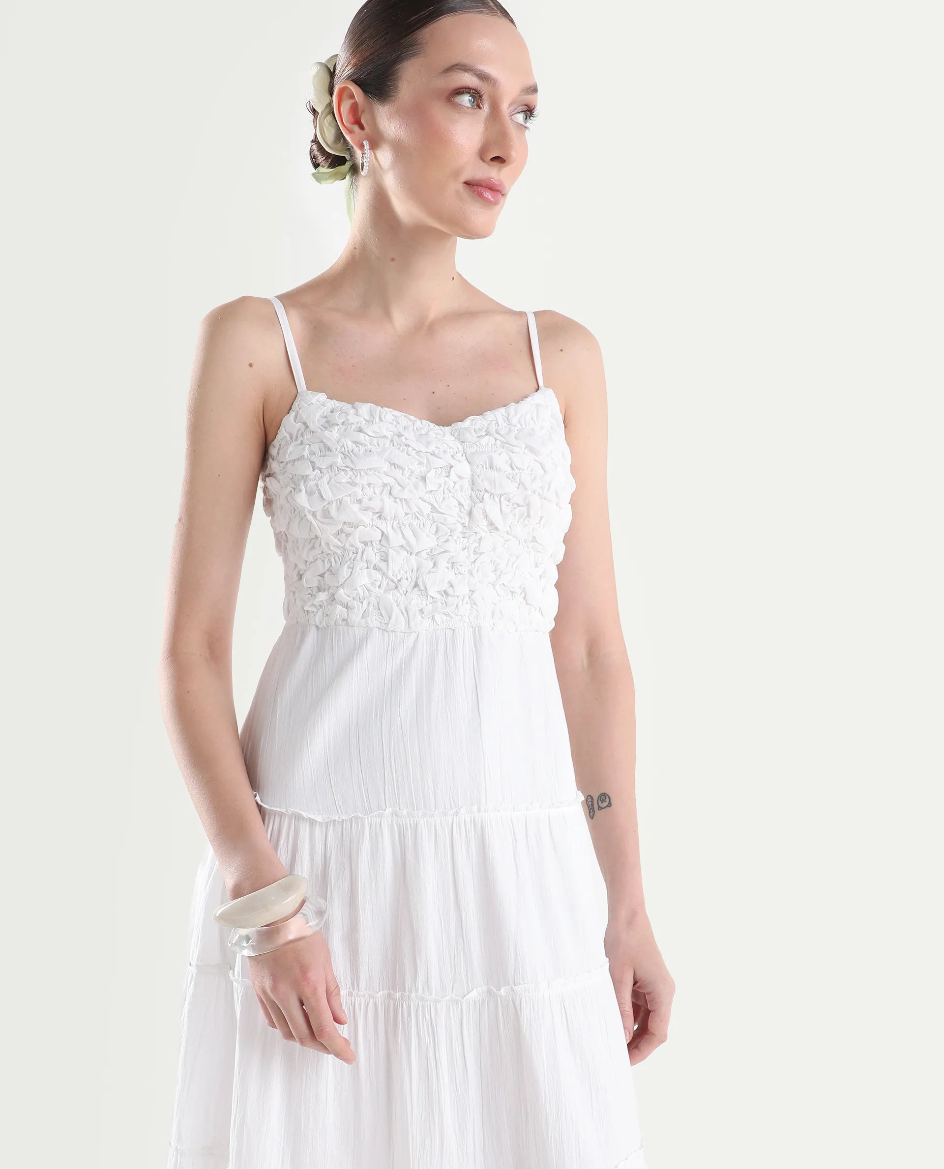 Rareism Women's Moanna Off White Cotton Blend Sleeveless Square Neck Fit And Flare Dress