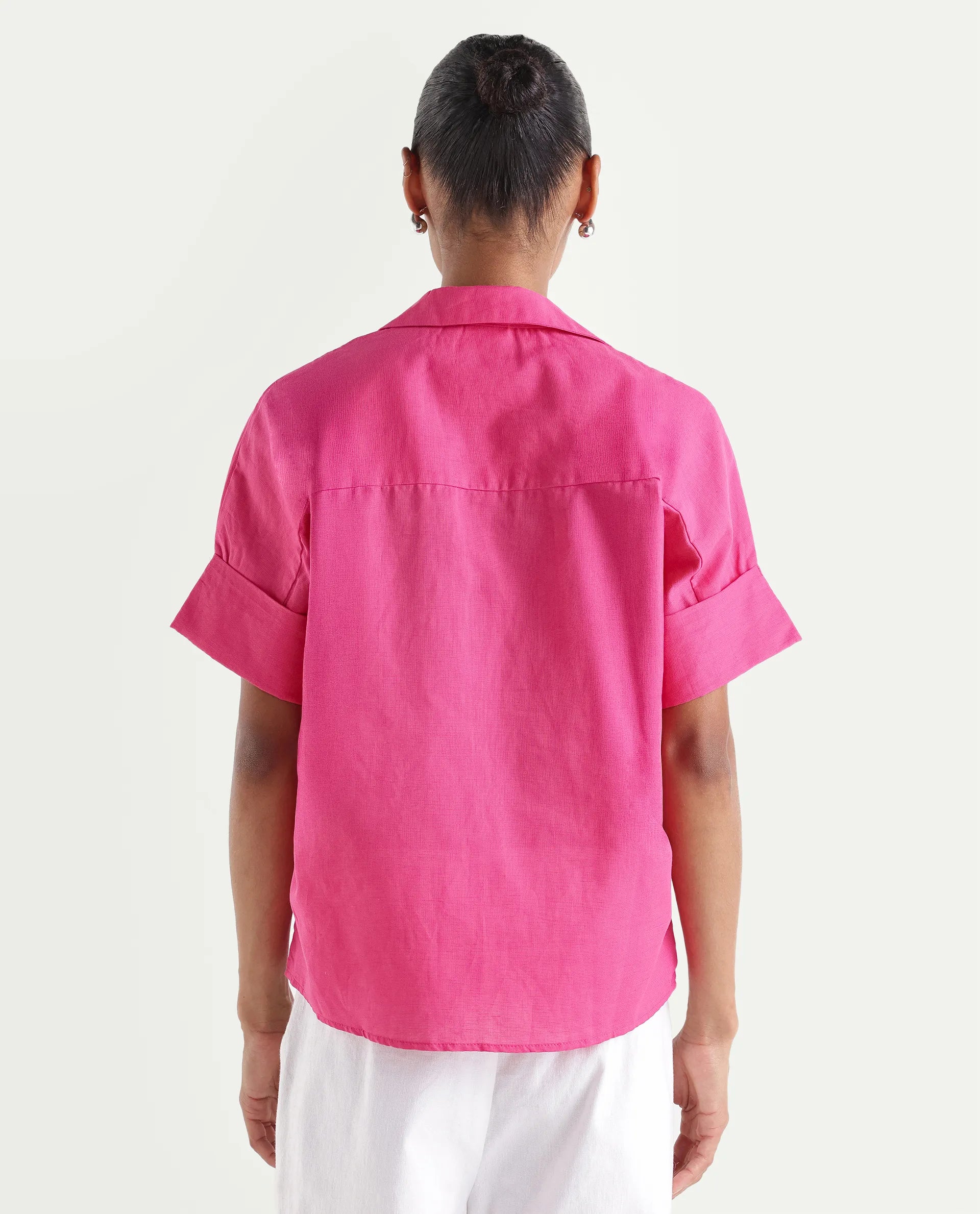 Rareism Women's Mogu Pink Linen Half Sleeve Jonny Collar Regular Top