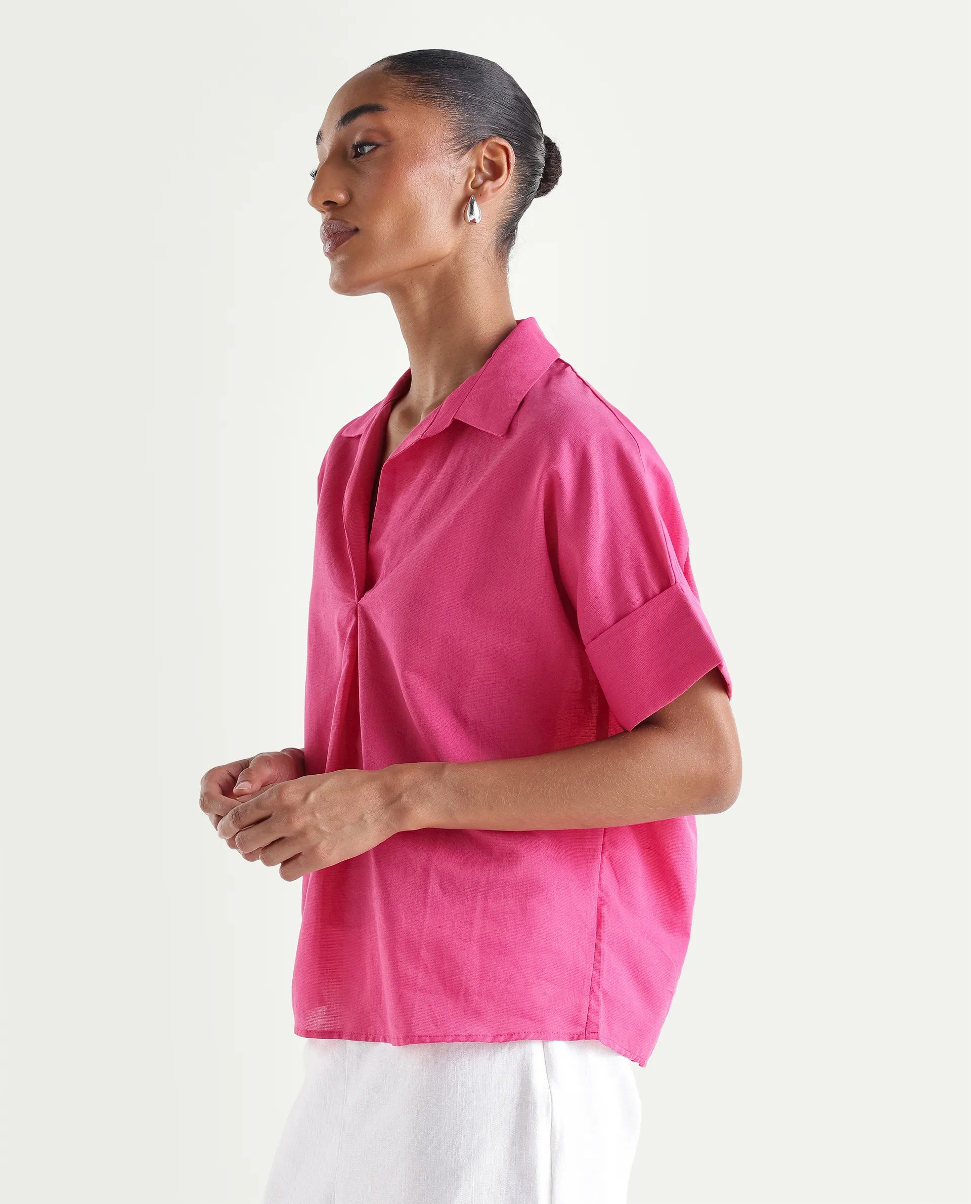 Rareism Women's Mogu Pink Linen Half Sleeve Jonny Collar Regular Top