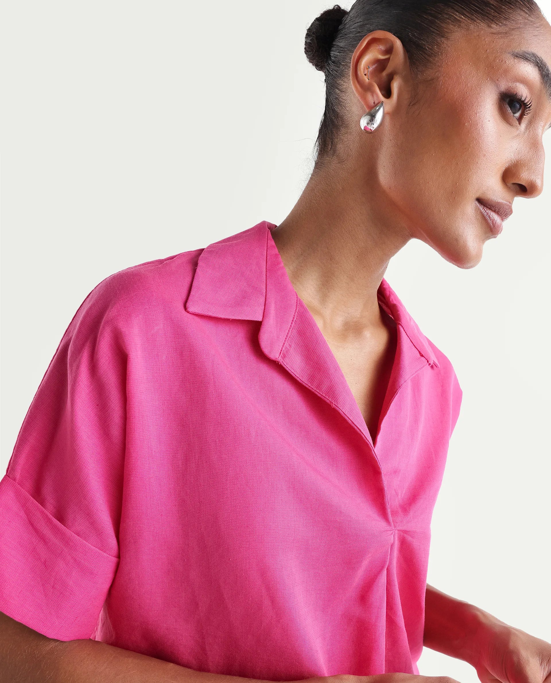 Rareism Women's Mogu Pink Linen Half Sleeve Jonny Collar Regular Top