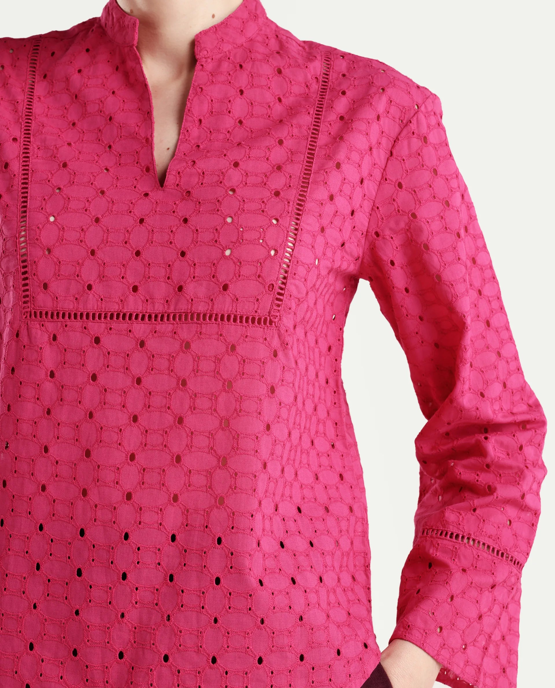 Rareism Women's Monet Pink Cotton Full Sleeve Mandarin Collar Regular Schiffli Top