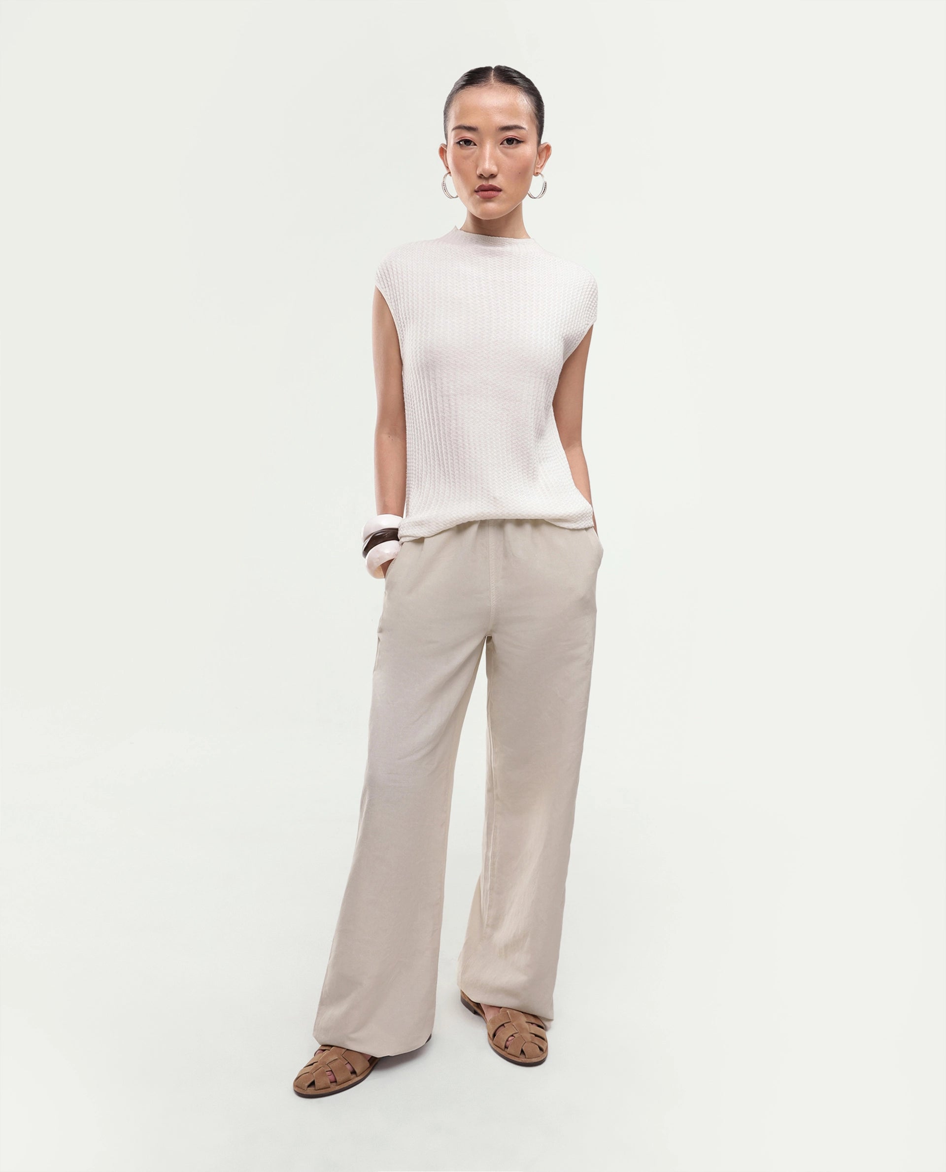Rareism Women's Uniq Beige Linen Blend Fabric Straight Plain Trouser