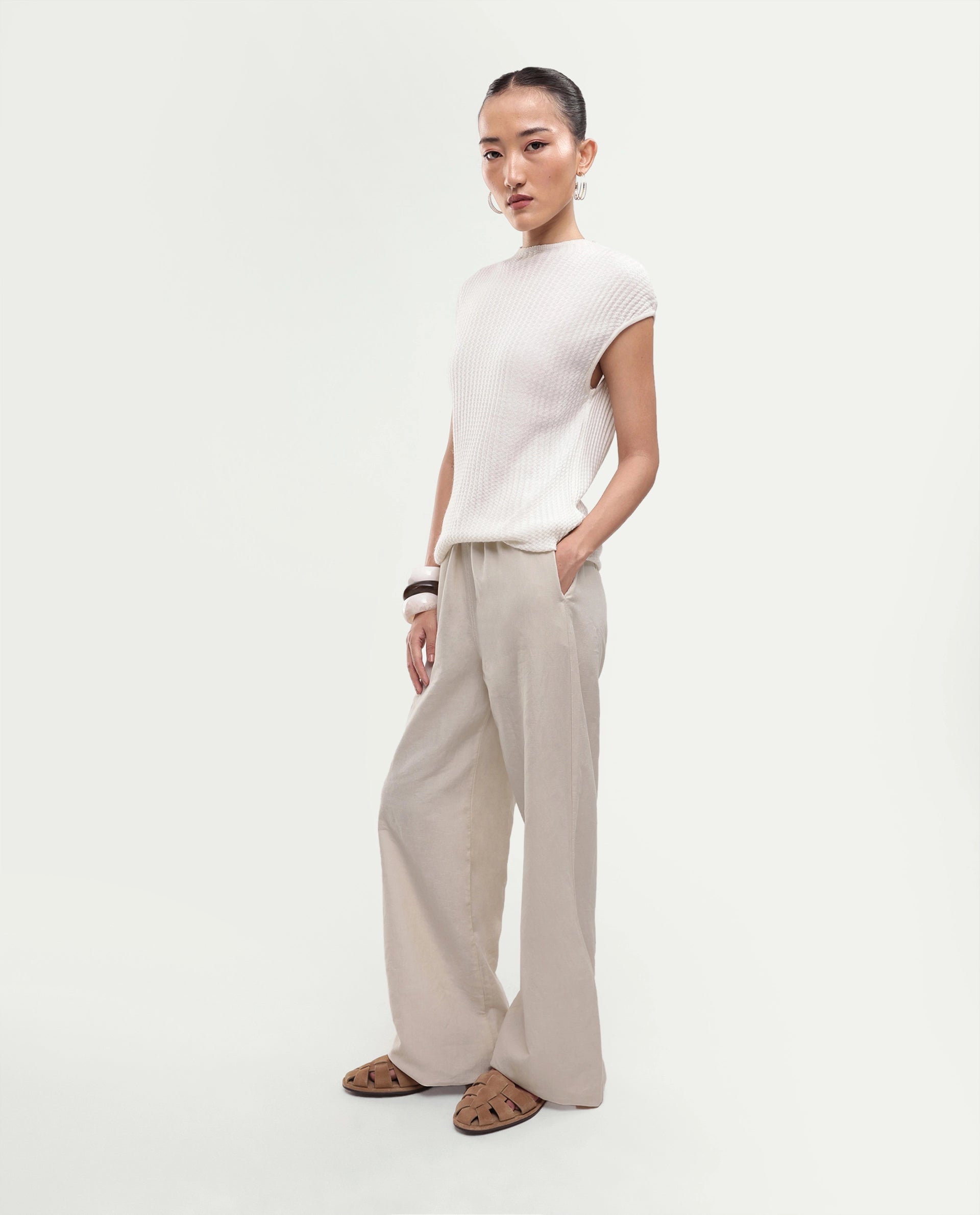 Rareism Women's Uniq Beige Linen Blend Fabric Straight Plain Trouser