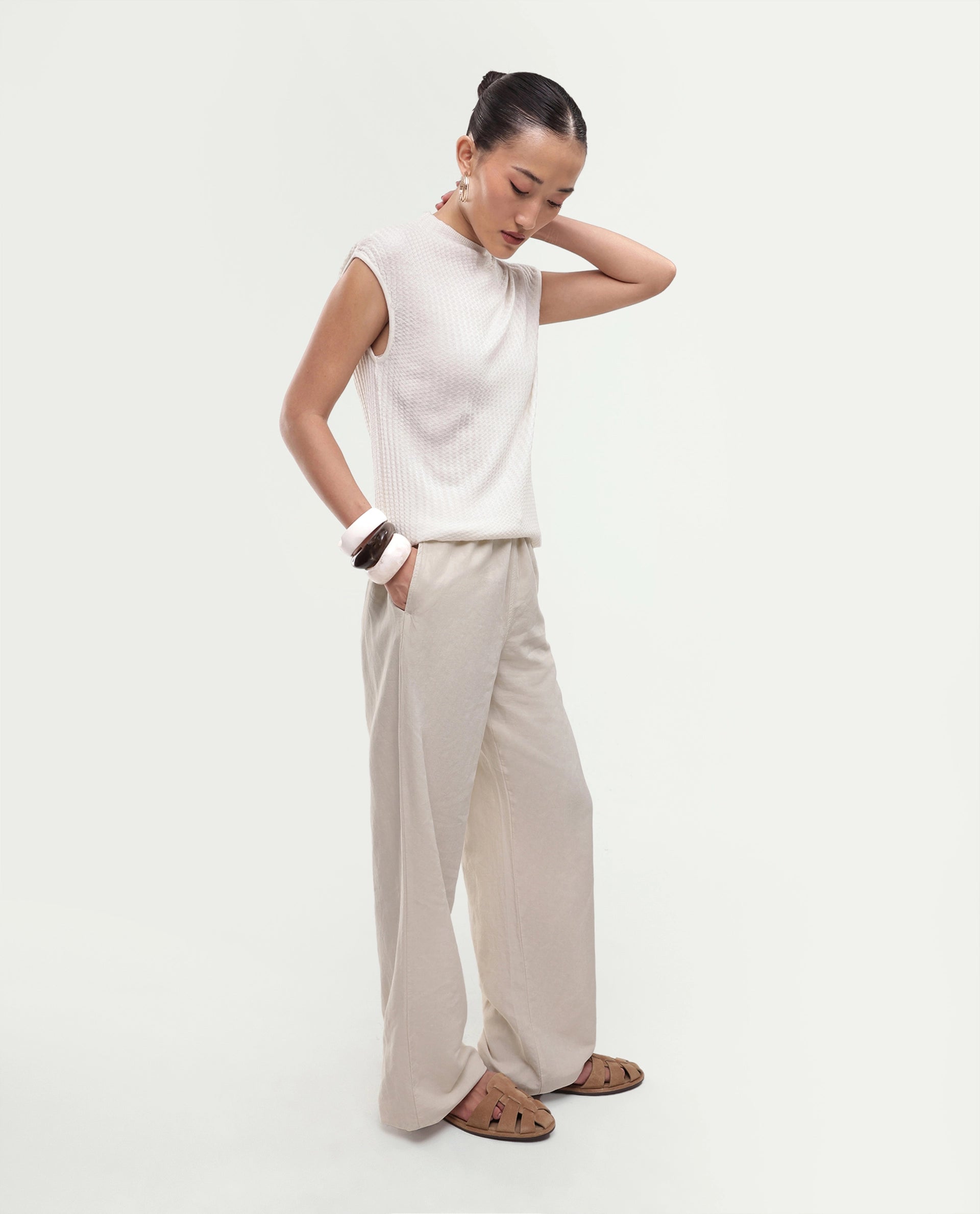 Rareism Women's Uniq Beige Linen Blend Fabric Straight Plain Trouser