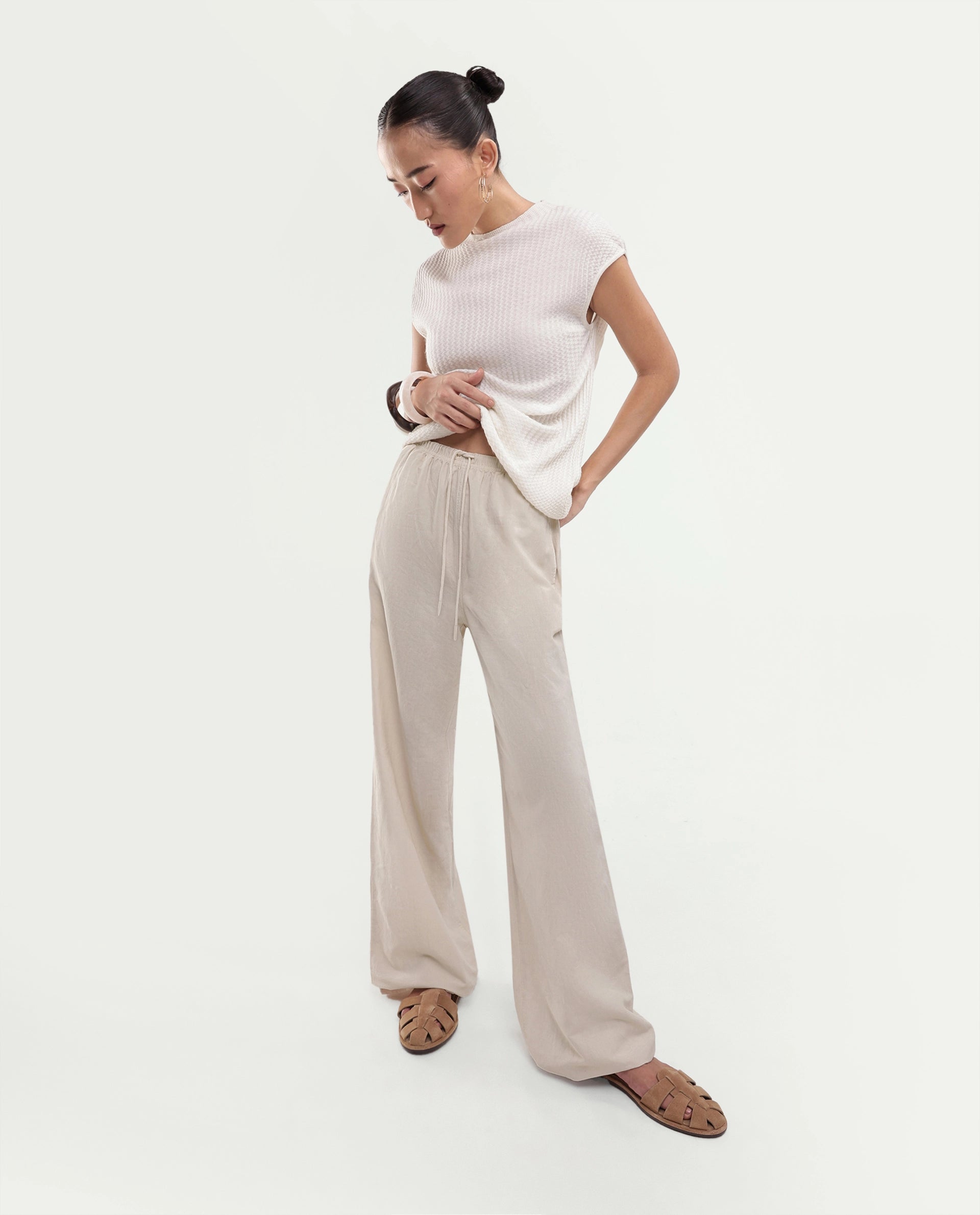 Rareism Women's Uniq Beige Linen Blend Fabric Straight Plain Trouser