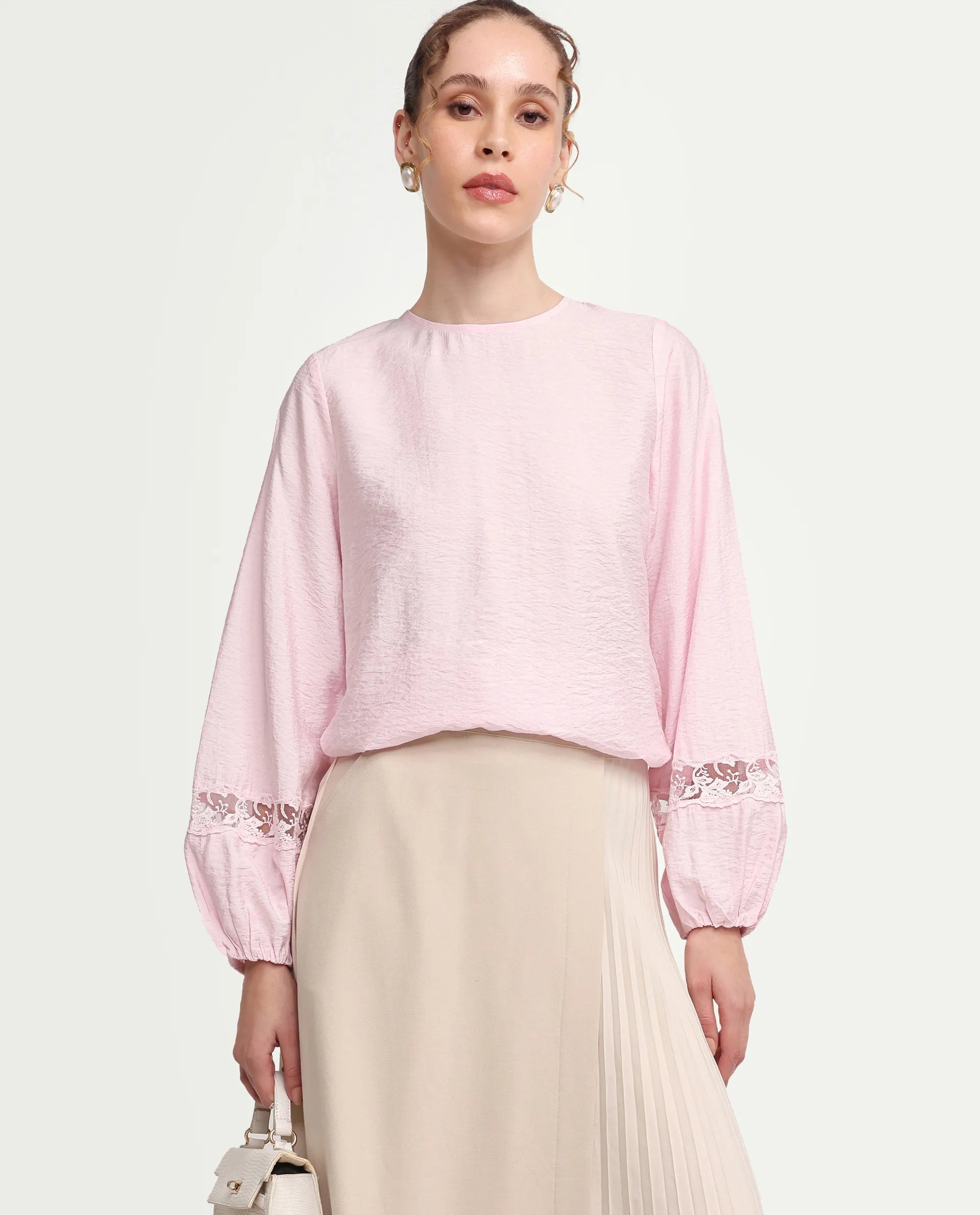 Rareism Women's Vaeli Light Pink Viscose Blend Full Sleeve Crew Neck Relaxed Top