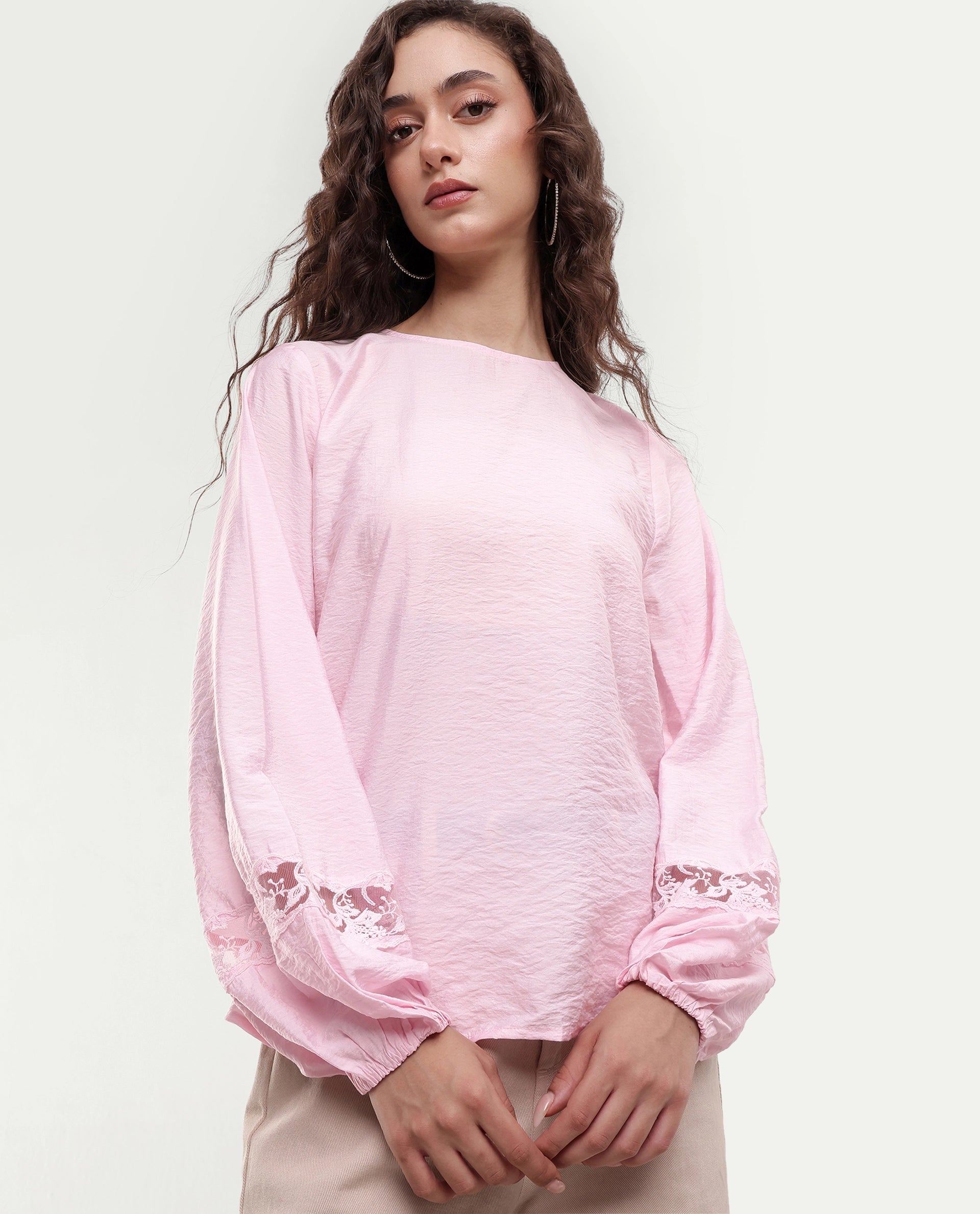 Rareism Women's Vaeli Light Pink Viscose Blend Full Sleeve Crew Neck Relaxed Top