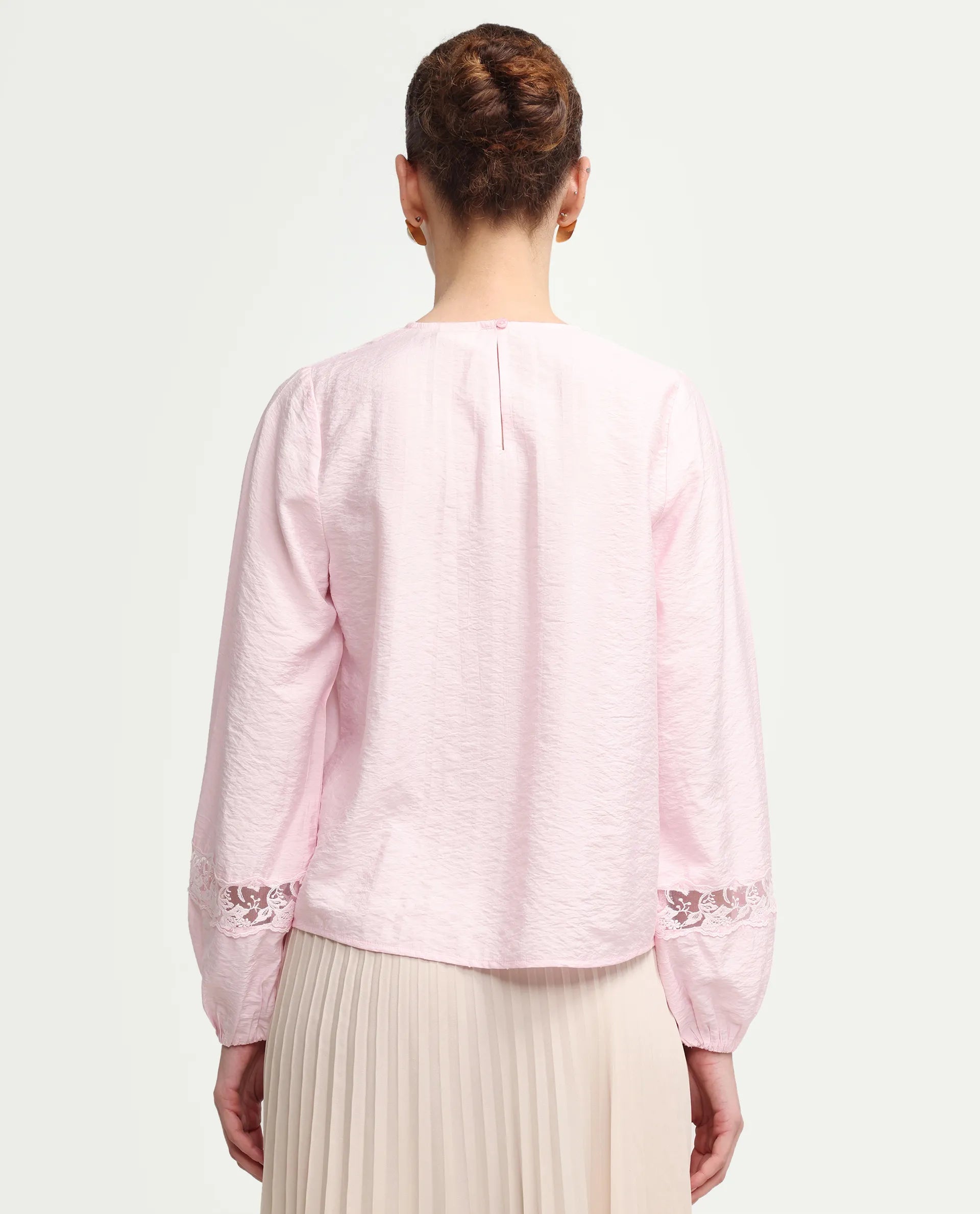 Rareism Women's Vaeli Light Pink Viscose Blend Full Sleeve Crew Neck Relaxed Top