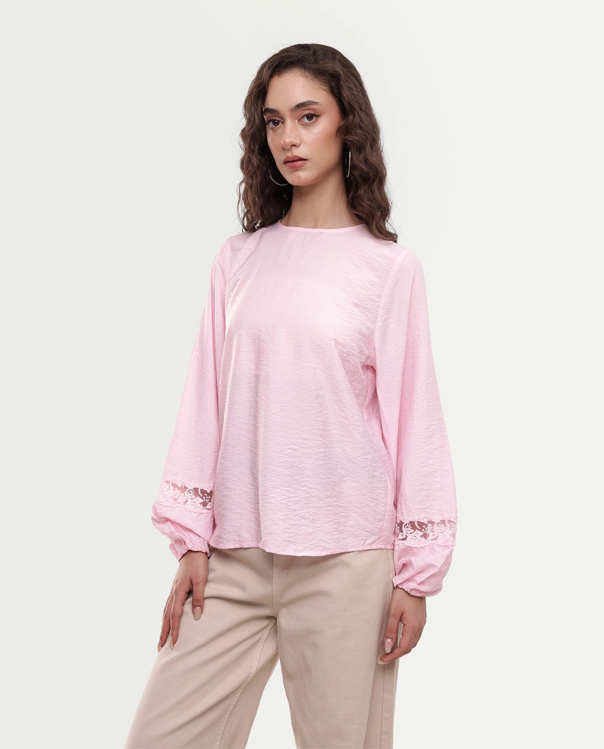 Rareism Women's Vaeli Light Pink Viscose Blend Full Sleeve Crew Neck Relaxed Top