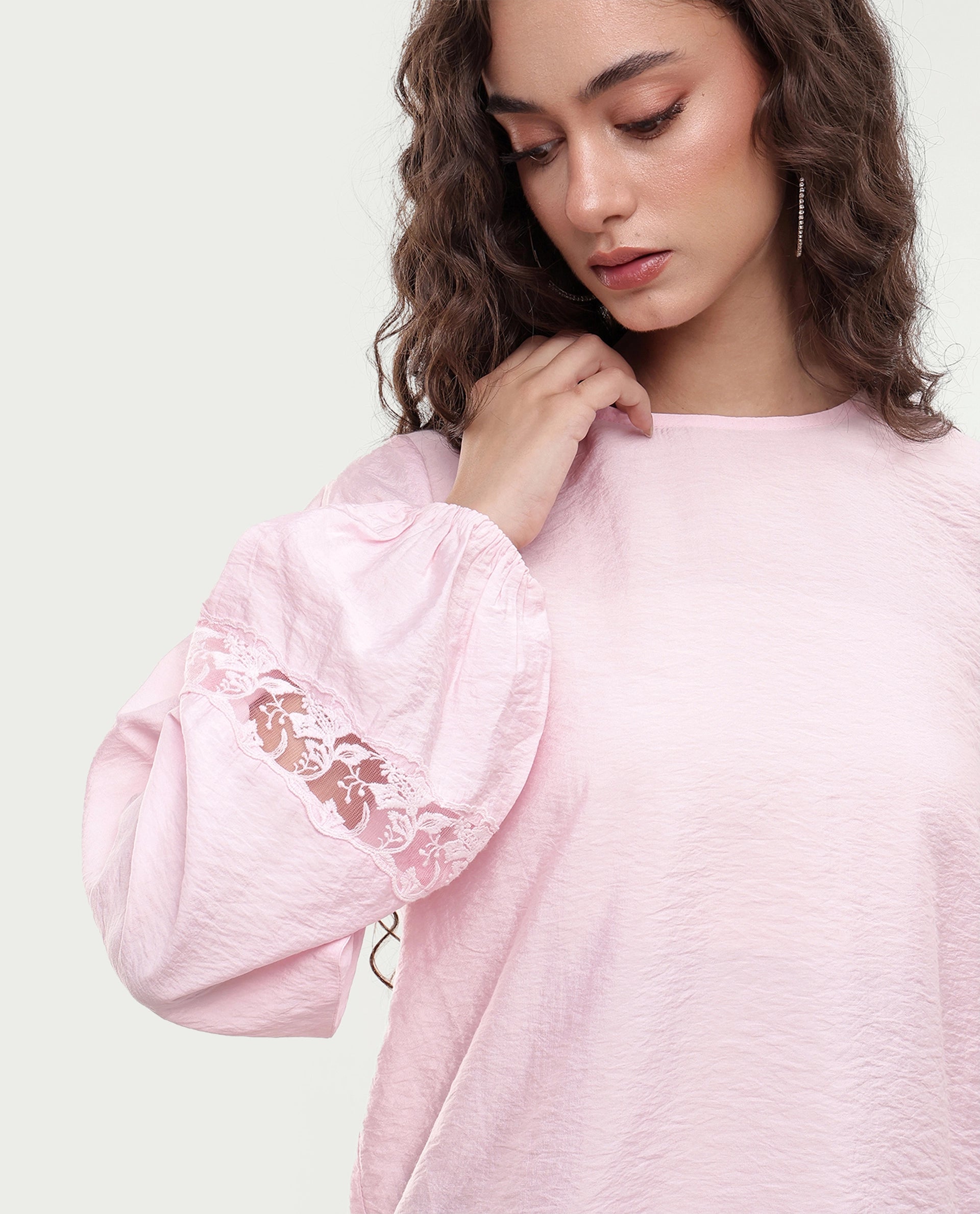Rareism Women's Vaeli Light Pink Viscose Blend Full Sleeve Crew Neck Relaxed Top