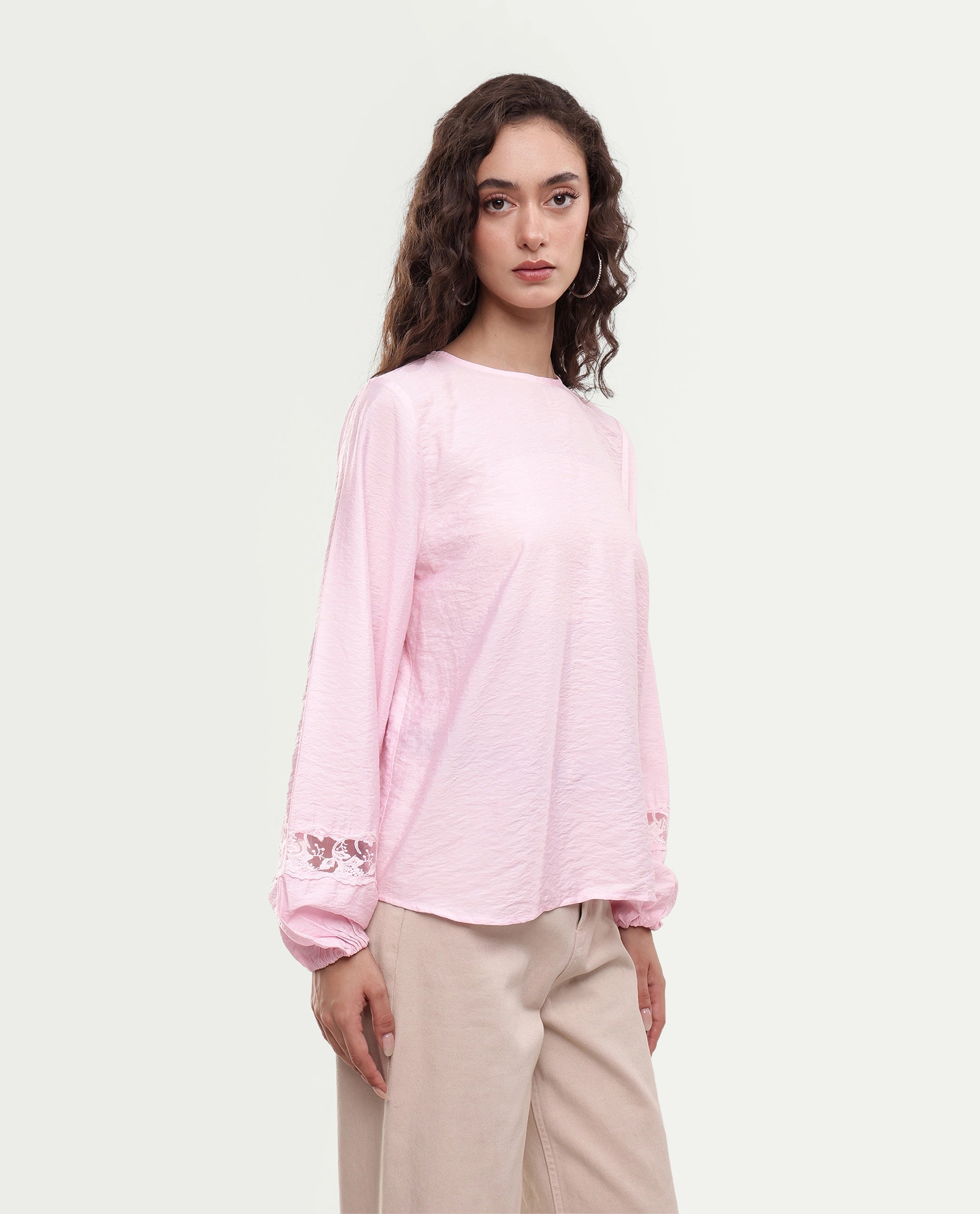 Rareism Women's Vaeli Light Pink Viscose Blend Full Sleeve Crew Neck Relaxed Top