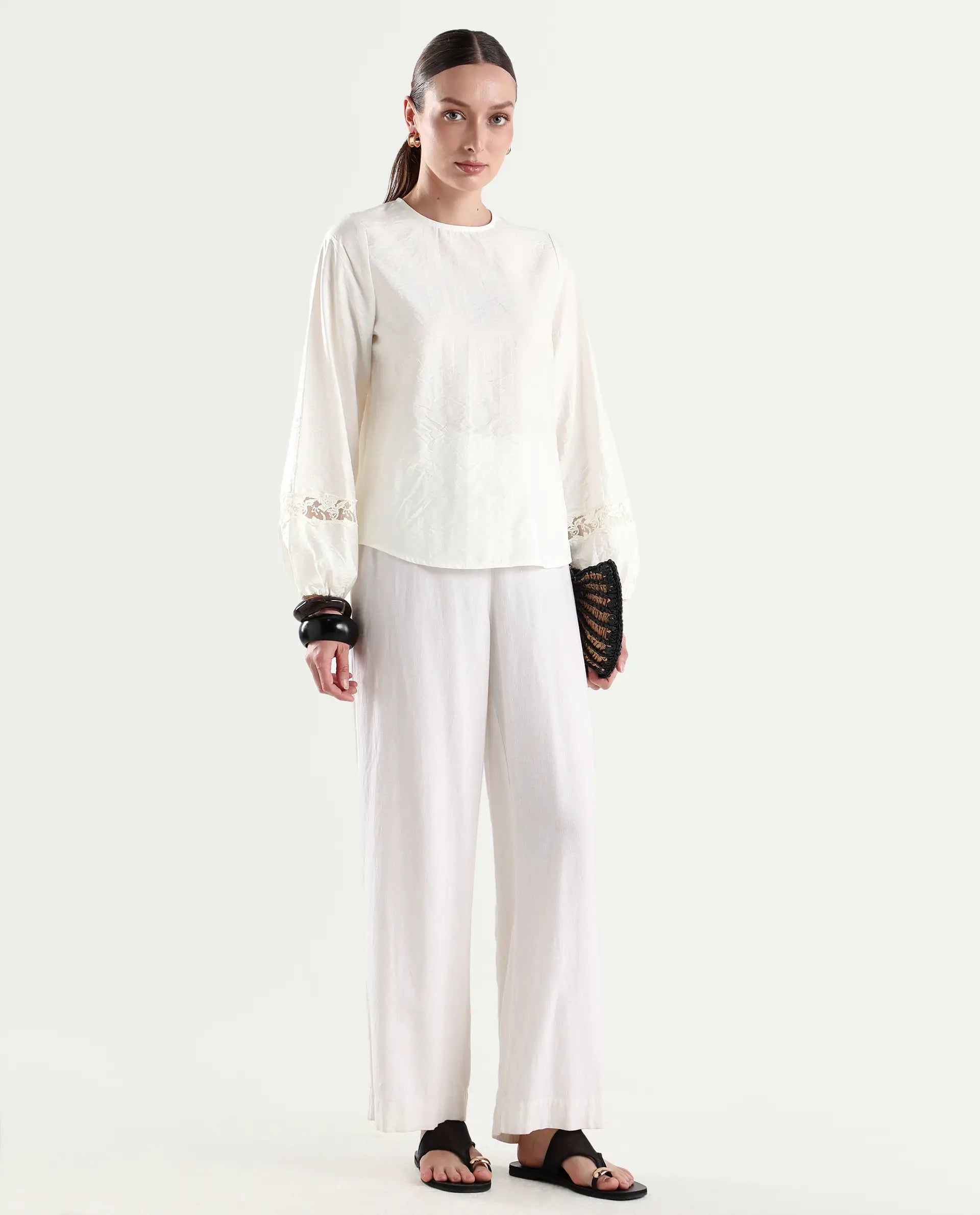 Rareism Women's Vaeli Off White Viscose Blend Full Sleeve Relaxed Fit Plain Top