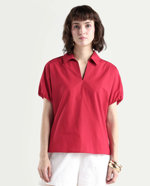 Rareism Women's Valet Red Cotton Half Sleeve Regular Fit Plain Top