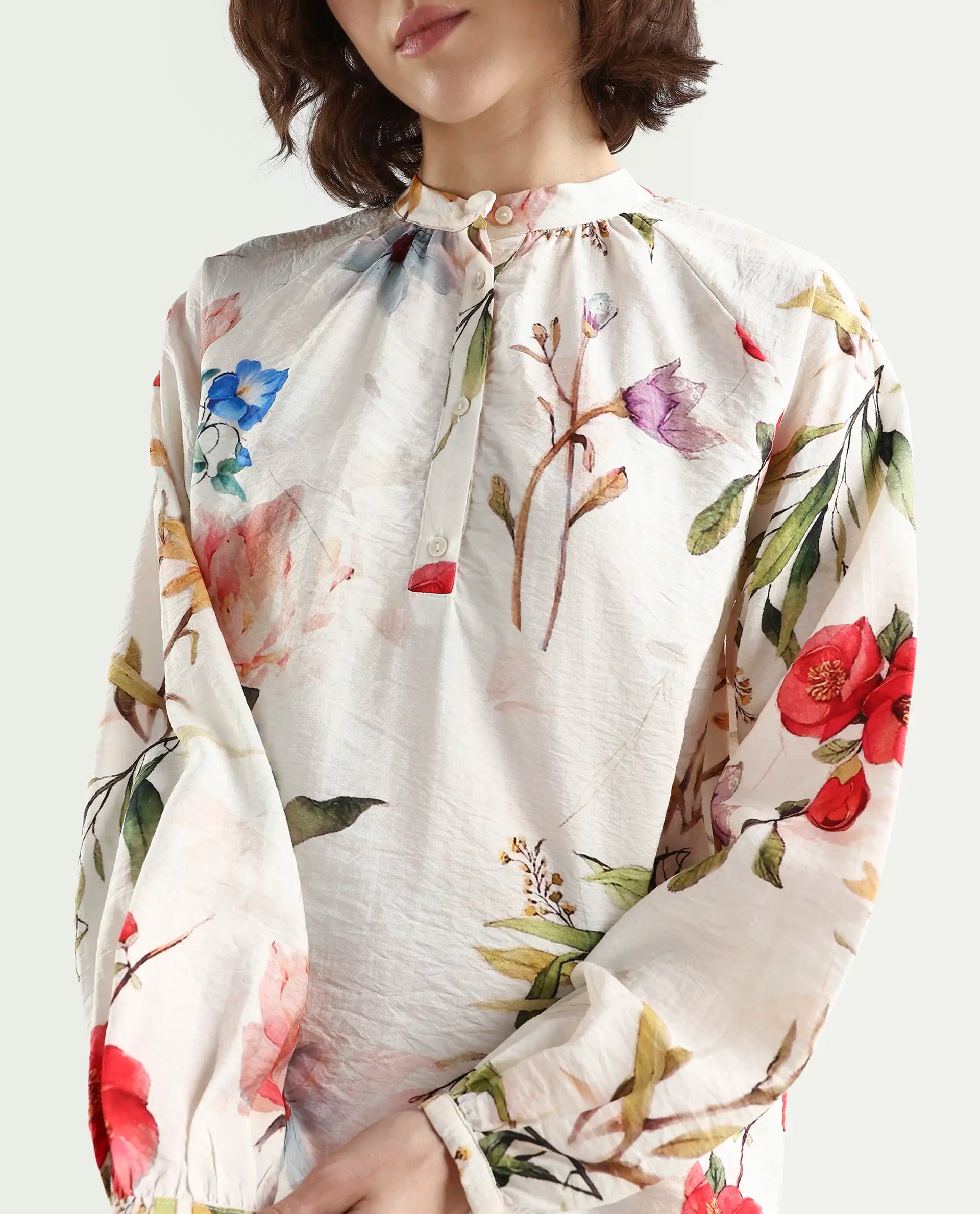 Rareism Women's Valia Off White Viscose Blend Full Sleeve Relaxed Fit Floral Print Top