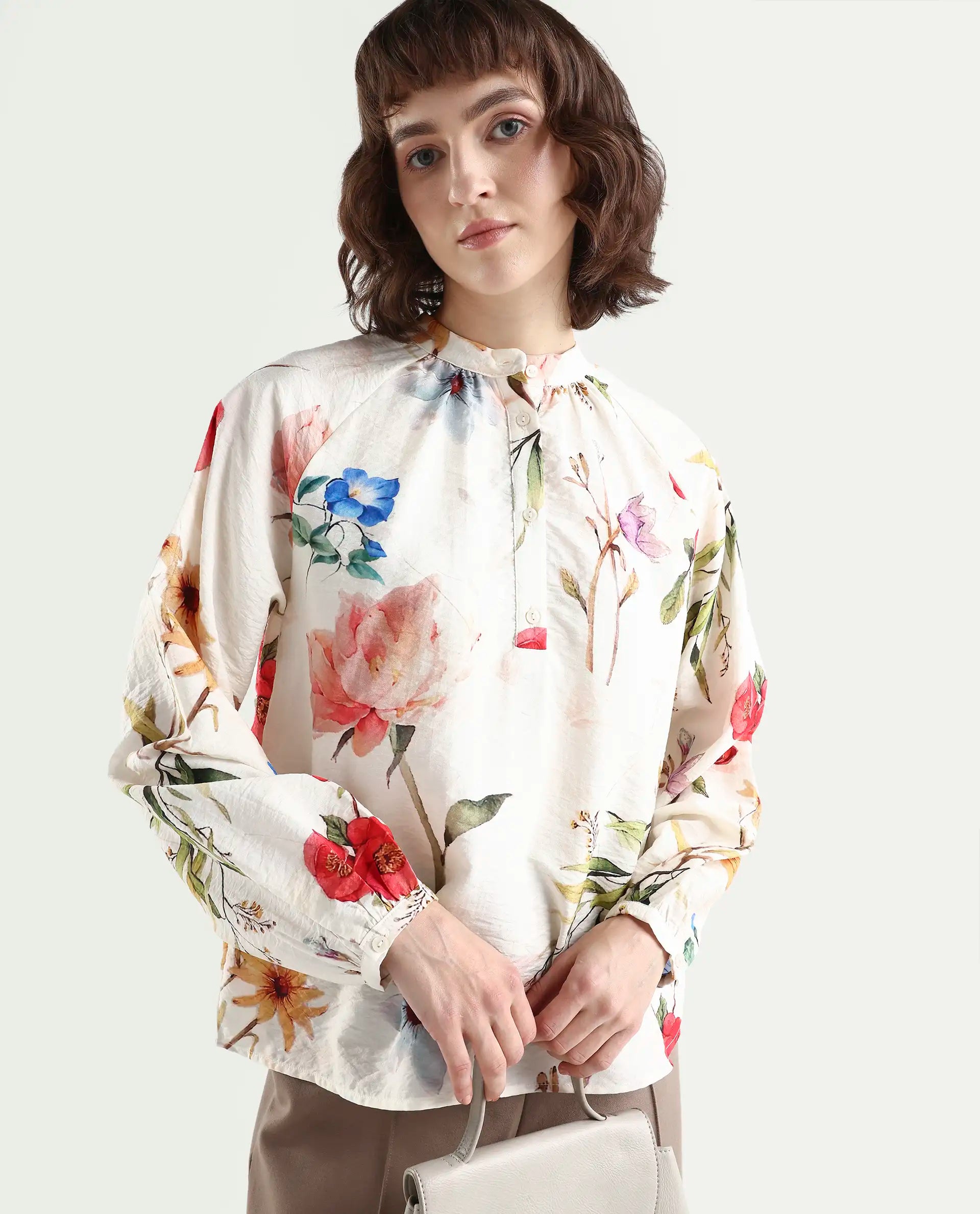 Rareism Women's Valia Off White Viscose Blend Full Sleeve Relaxed Fit Floral Print Top