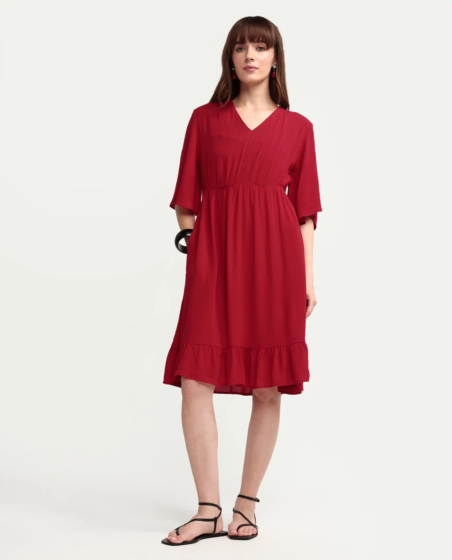 Rareism Women's Valor Red Viscose Half Sleeve Flared Plain Dress