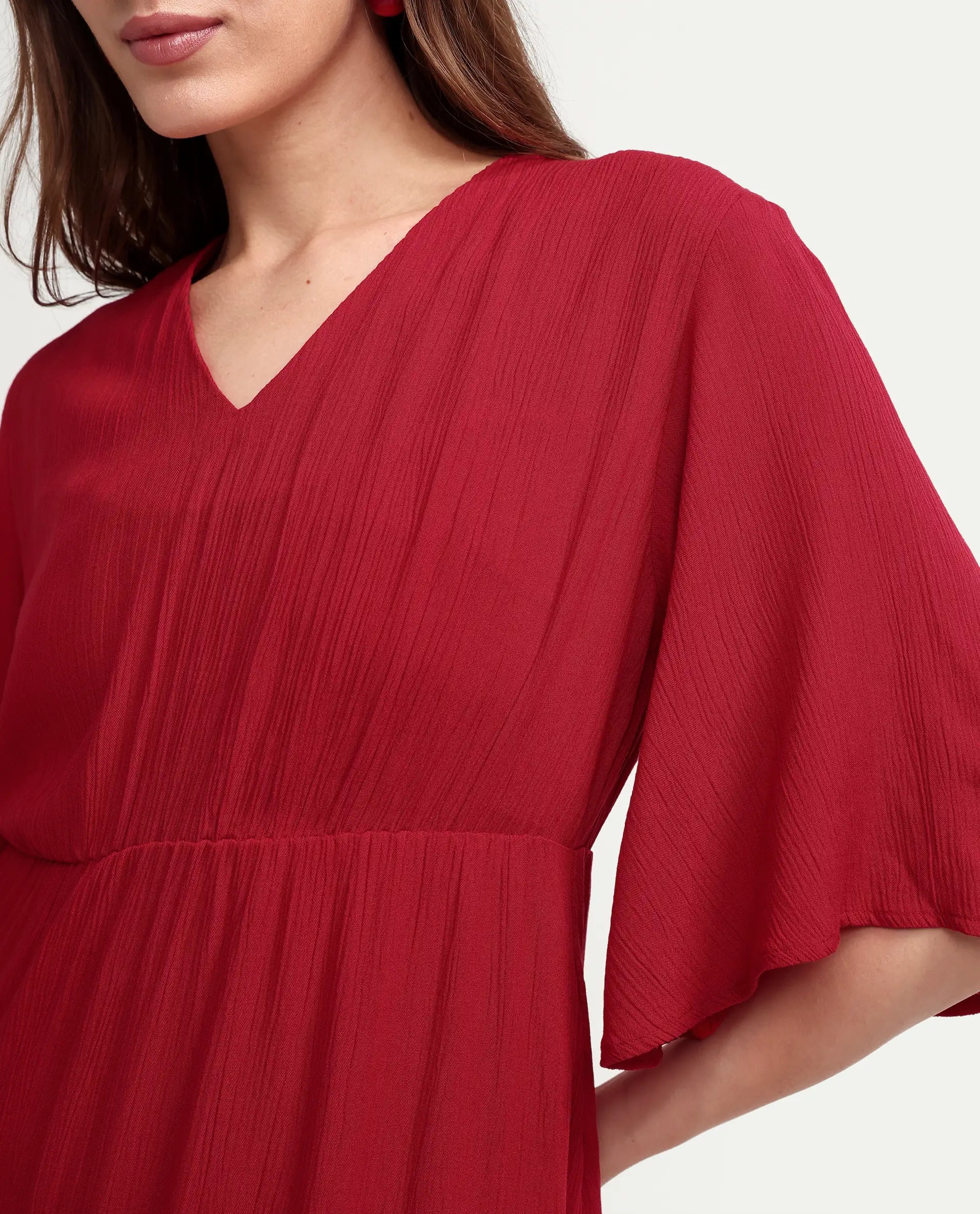 Rareism Women's Valor Red Viscose Half Sleeve Flared Plain Dress