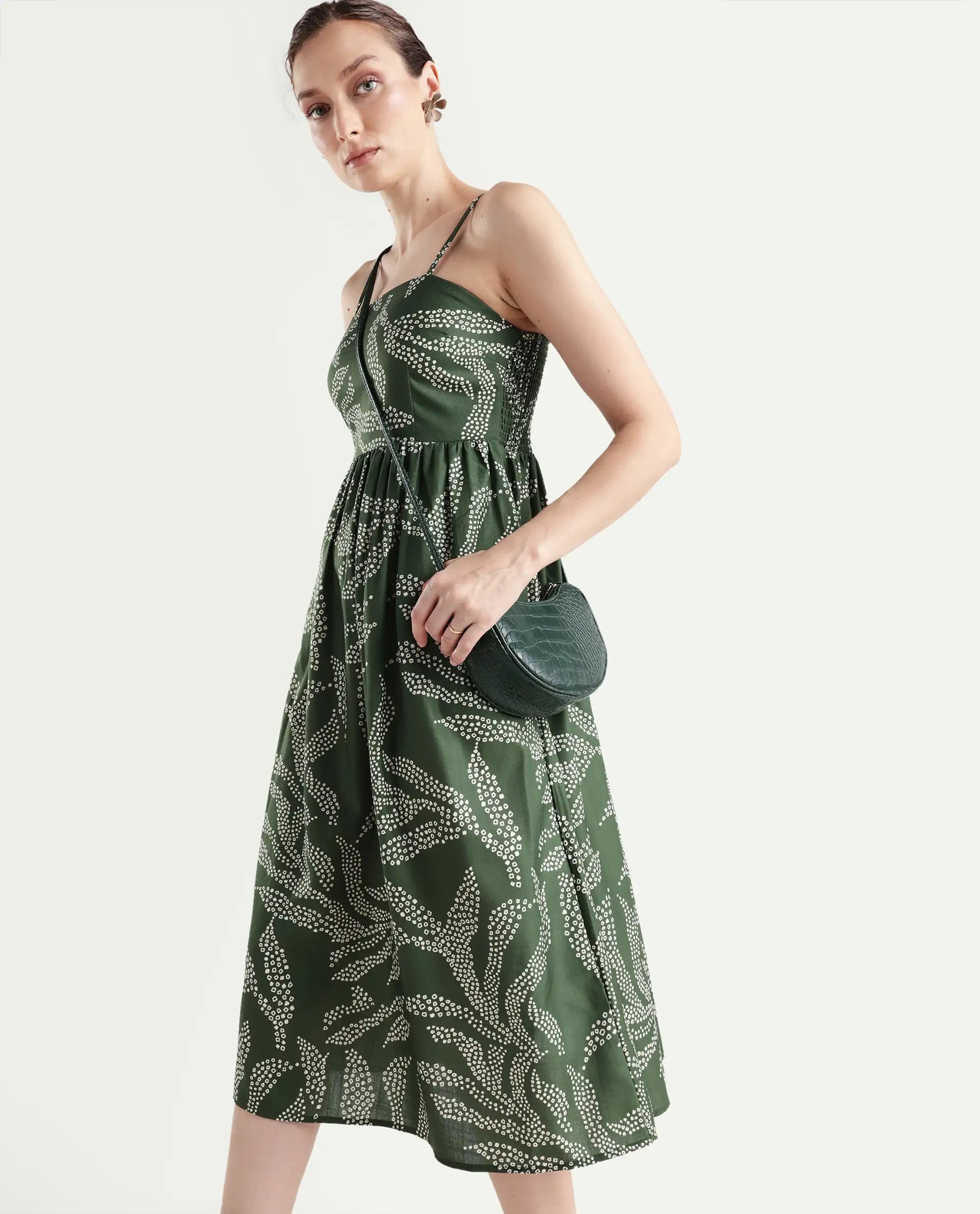 Rareism Women's Vanik Olive Polyester Sleeveless Fit And Flare Abstract Print Dress