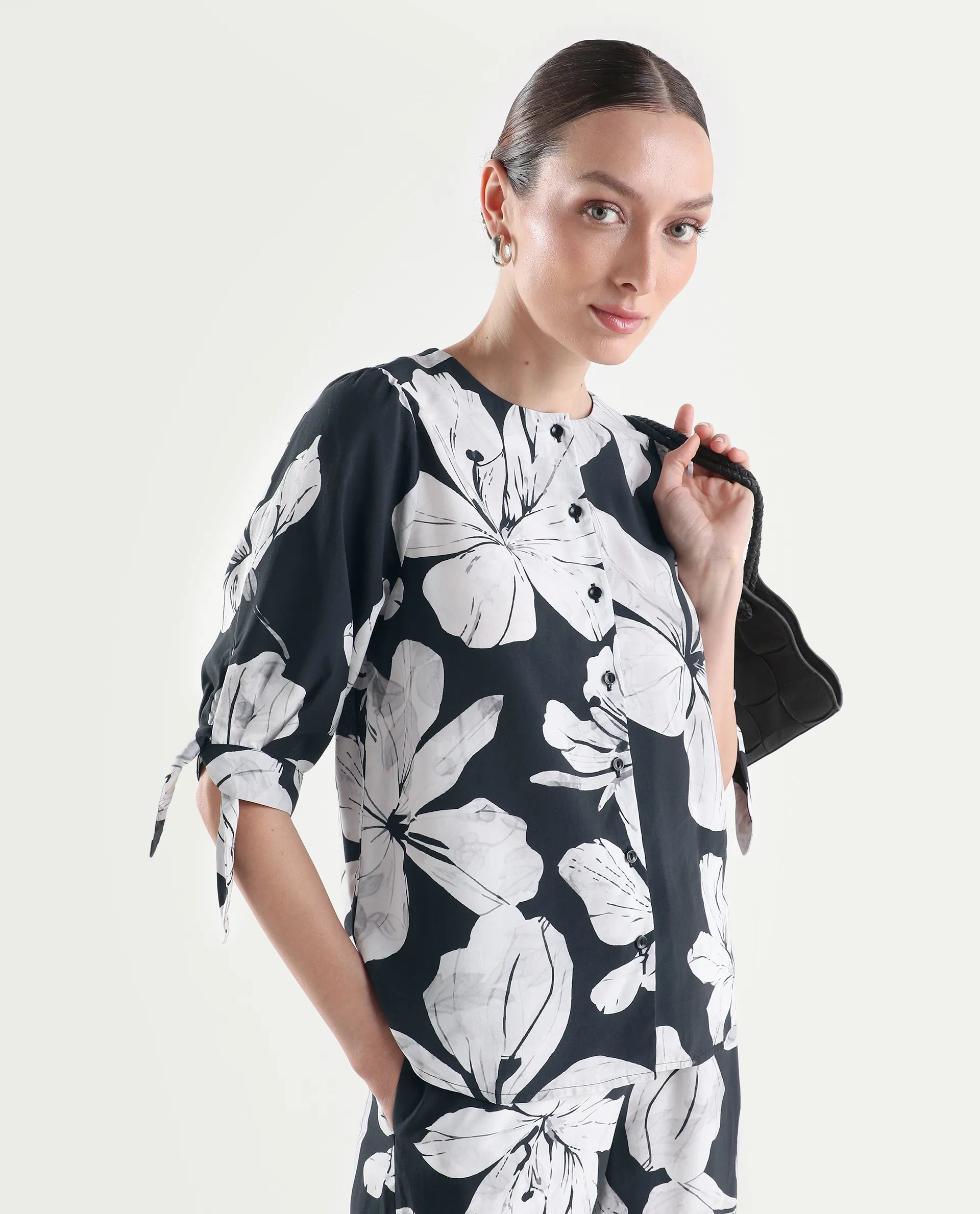 Rareism Women's Vasha-T Black Viscose Half Sleeve Relaxed Fit Floral Print Top