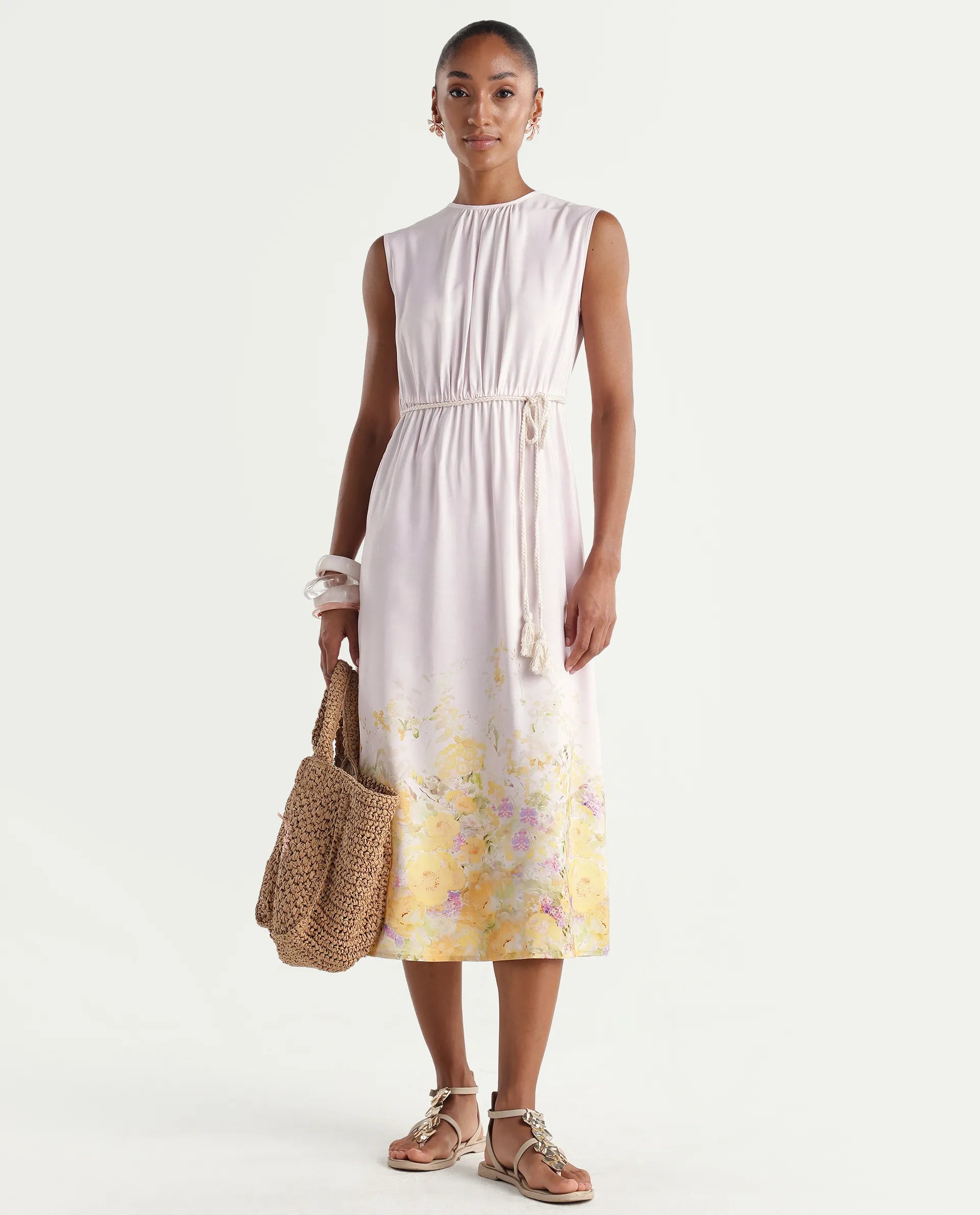 Rareism Women's Verik Multi Viscose Sleeveless Crew Neck Fit And Flare Floral Print Dress