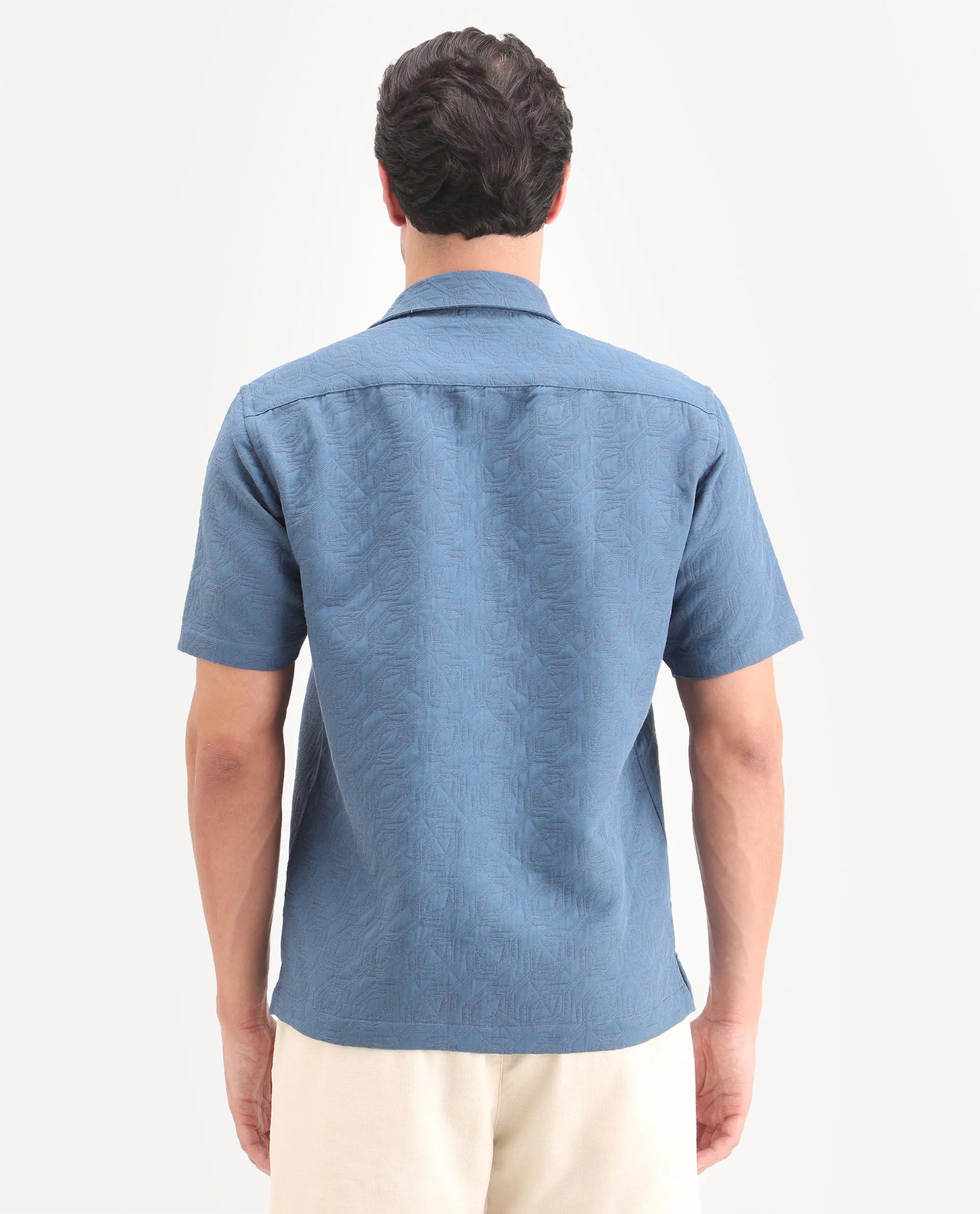 Rare Rabbit Men's Wedel Blue Cotton Fabric Half Sleeve Spread Collar Regular Fit Jacquard Shirt