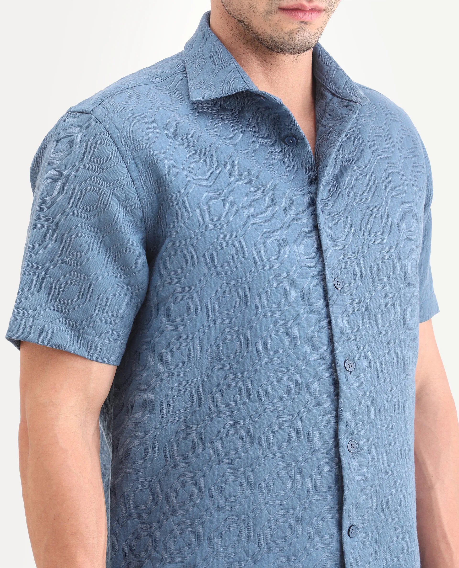 Rare Rabbit Men's Wedel Blue Cotton Fabric Half Sleeve Spread Collar Regular Fit Jacquard Shirt