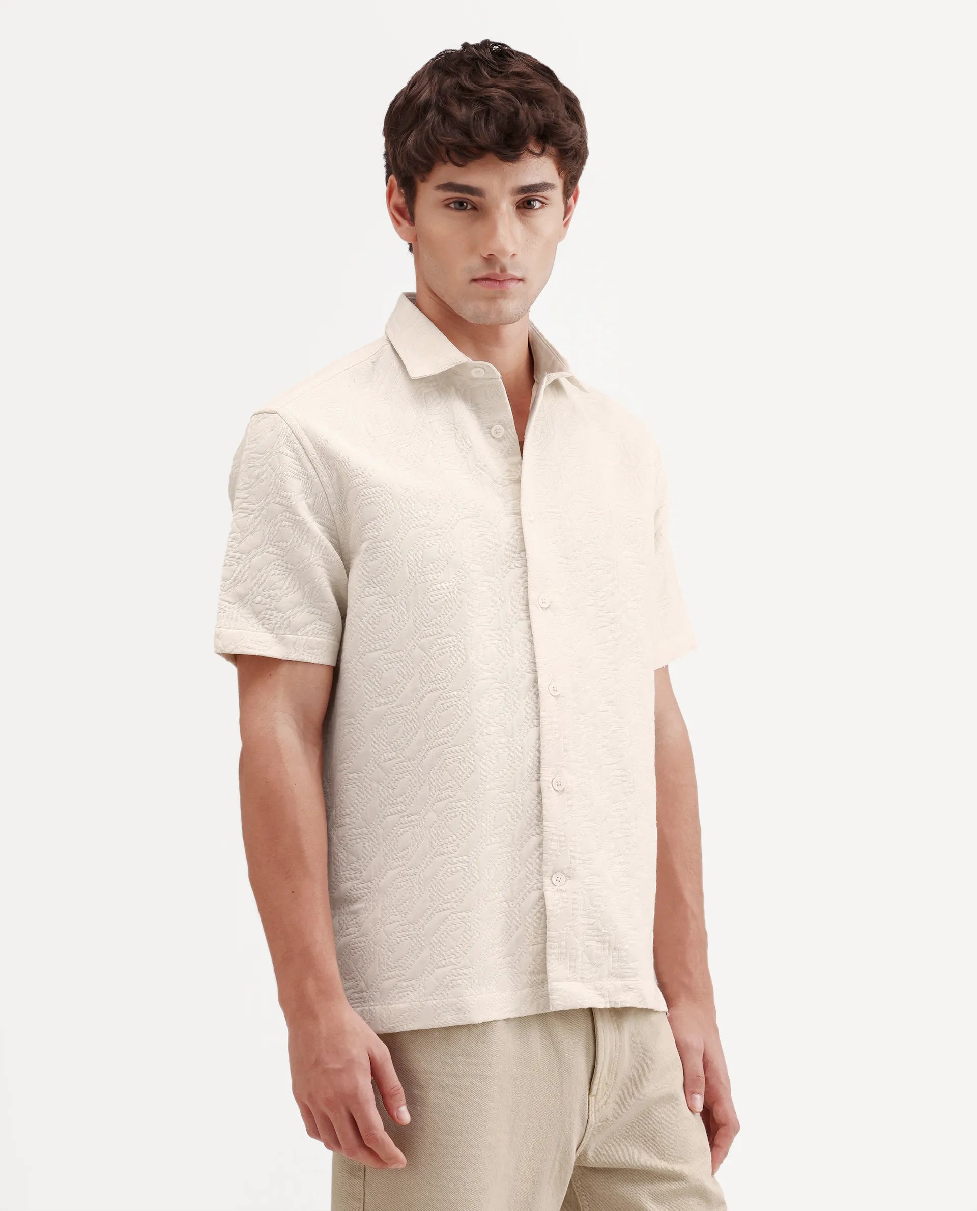 Rare Rabbit Men's Wedel Off White Cotton Fabric Half Sleeve Spread Collar Regular Fit Jacquard Shirt