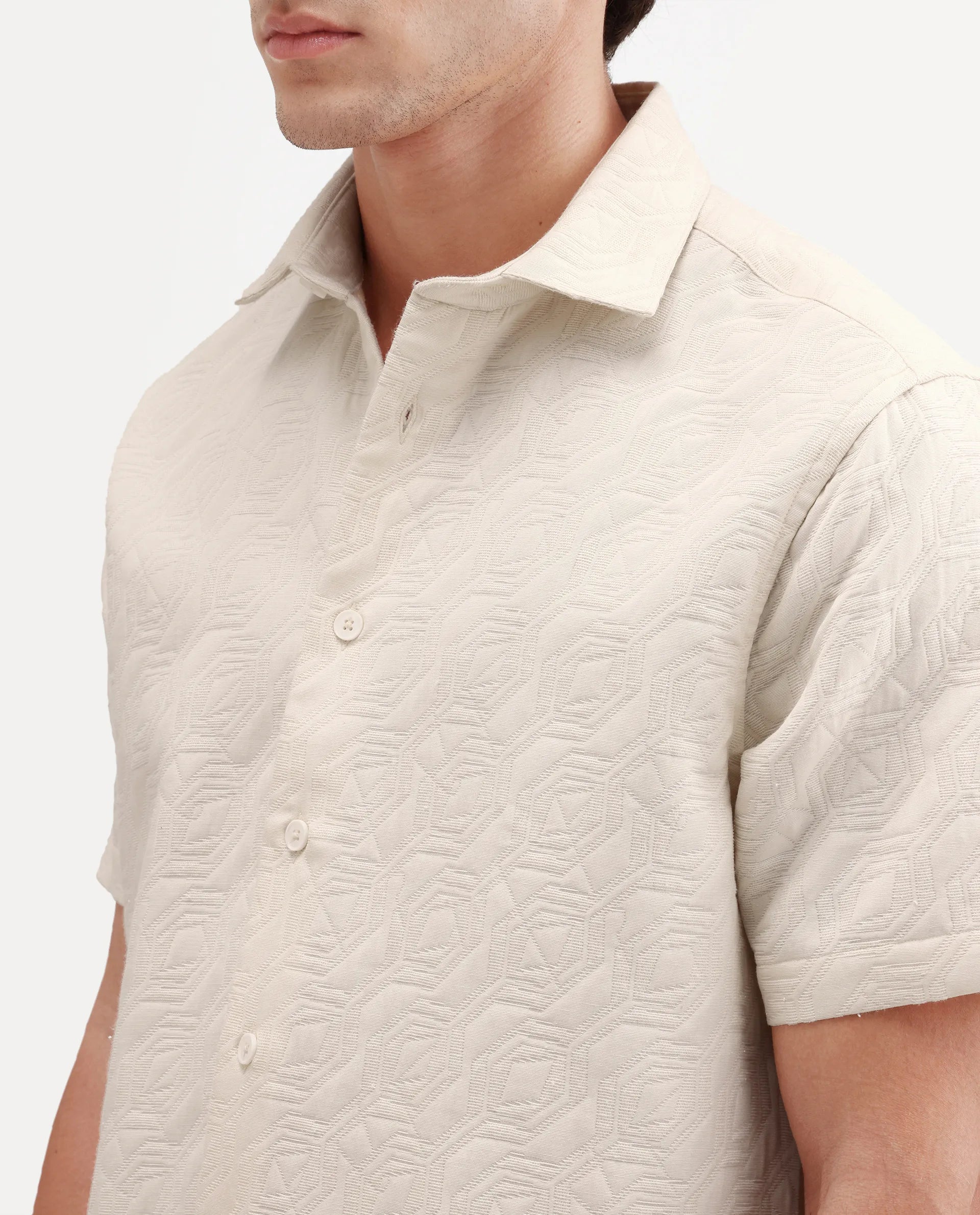 Rare Rabbit Men's Wedel Off White Cotton Fabric Half Sleeve Spread Collar Regular Fit Jacquard Shirt