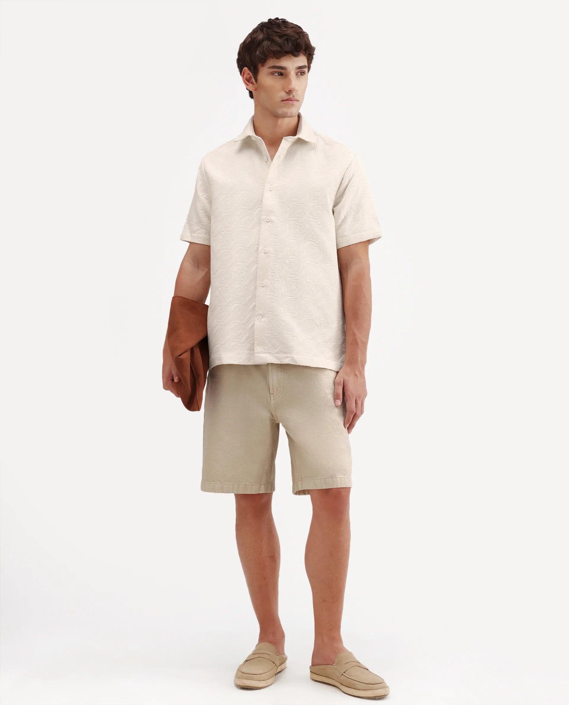 Rare Rabbit Men's Wedel Off White Cotton Fabric Half Sleeve Spread Collar Regular Fit Jacquard Shirt