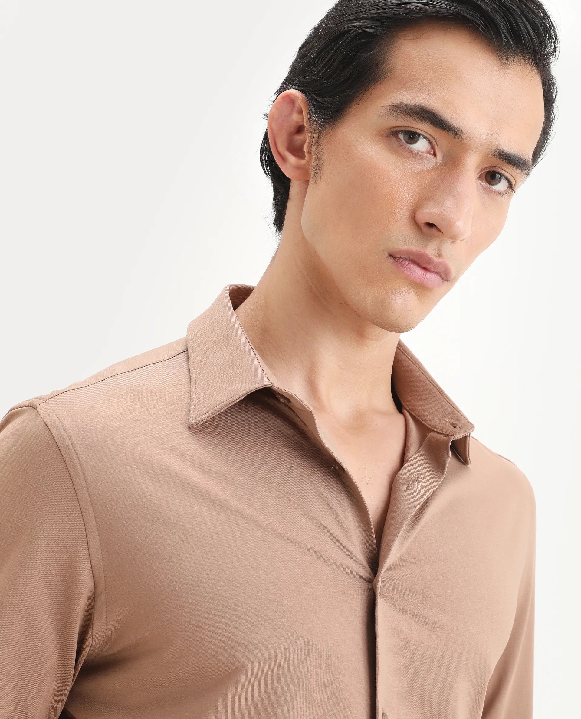 Rare Rabbit Men's Tour-Ss26 Light Brown Cotton Blend Fabric Full Sleeve Spread Collar Regular Fit Plain Shirt