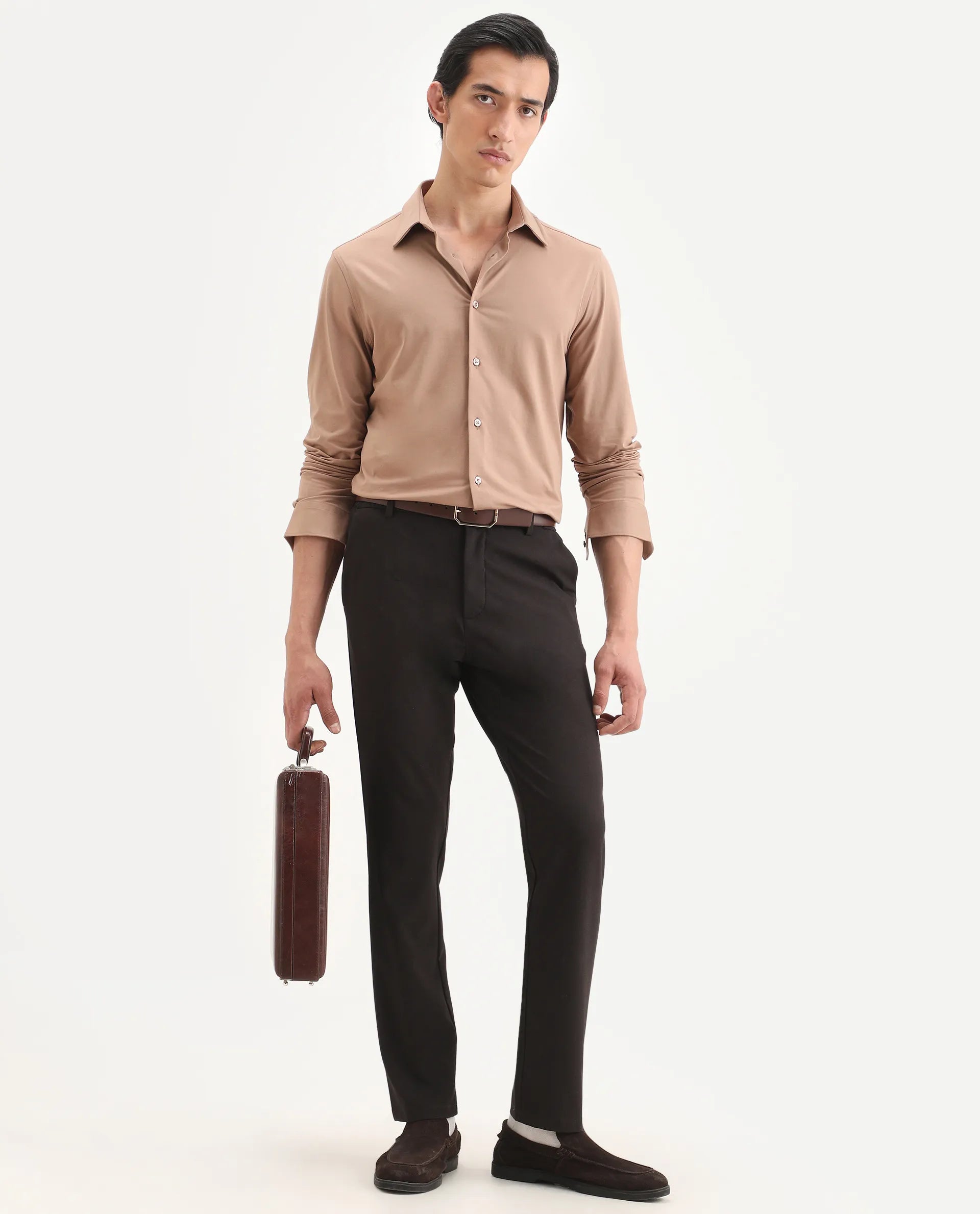 Rare Rabbit Men's Tour-Ss26 Light Brown Cotton Blend Fabric Full Sleeve Spread Collar Regular Fit Plain Shirt