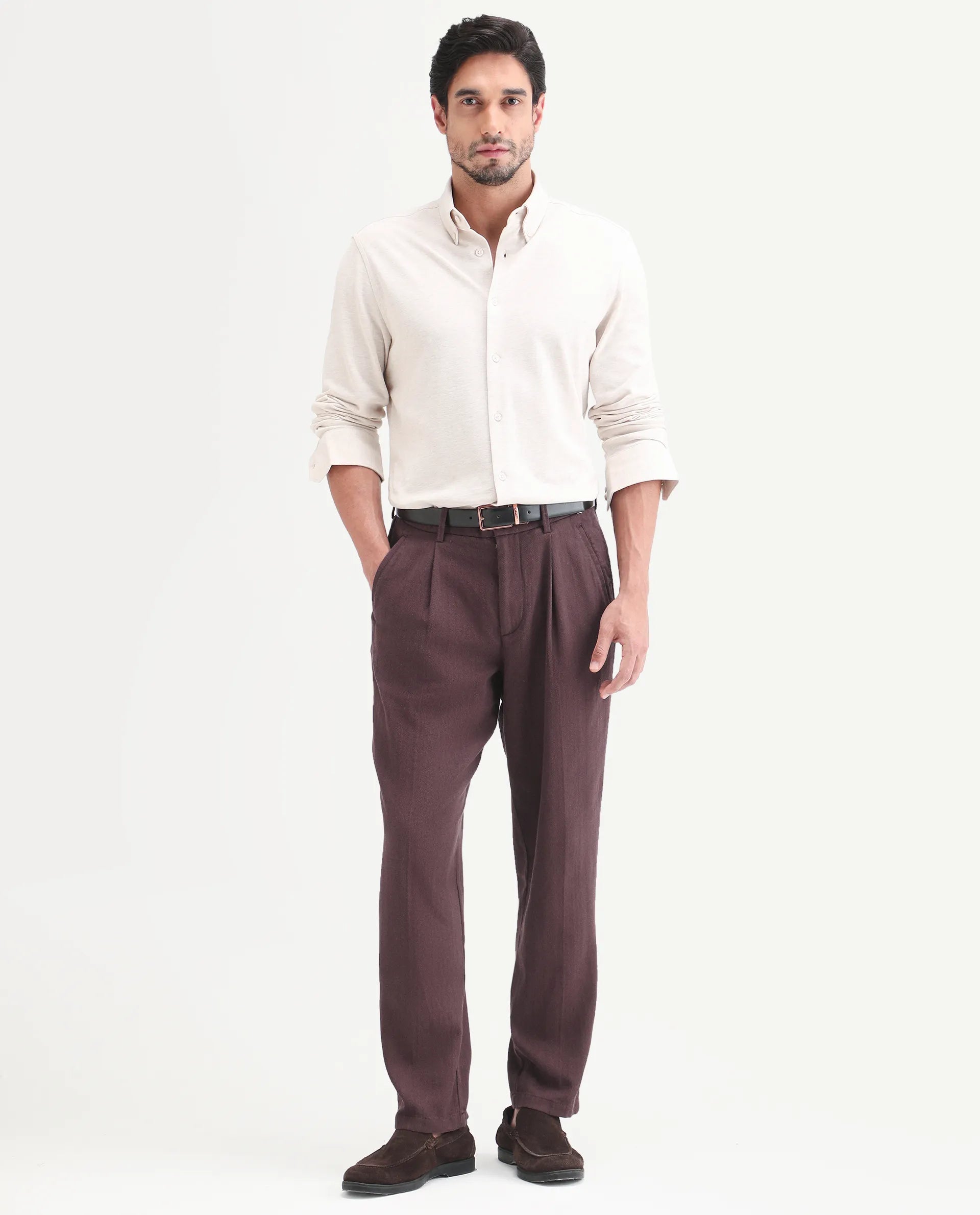 Rare Rabbit Men's Nada Brown Cotton Fabric Relaxed Plain Trouser