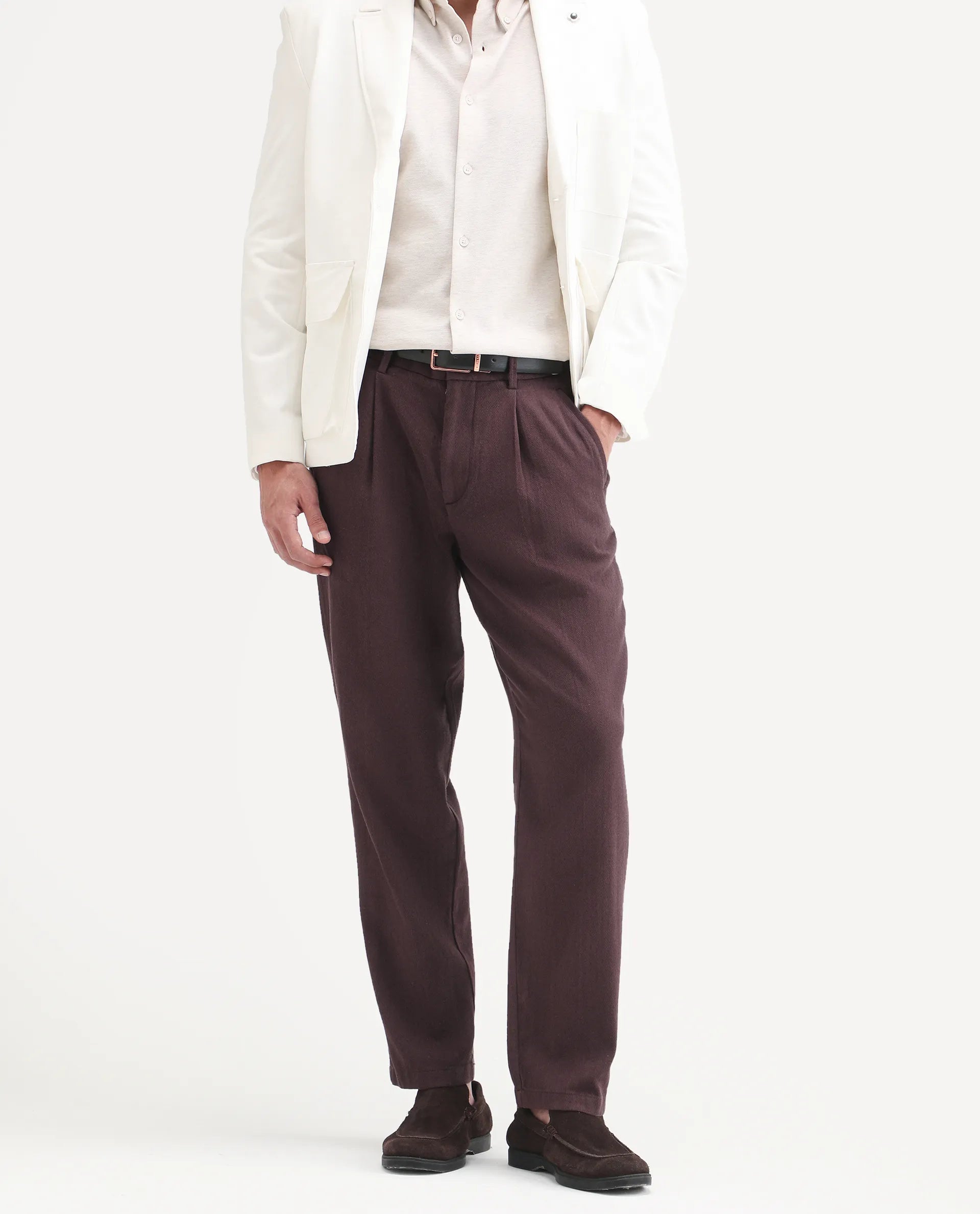 Rare Rabbit Men's Nada Brown Cotton Fabric Relaxed Plain Trouser