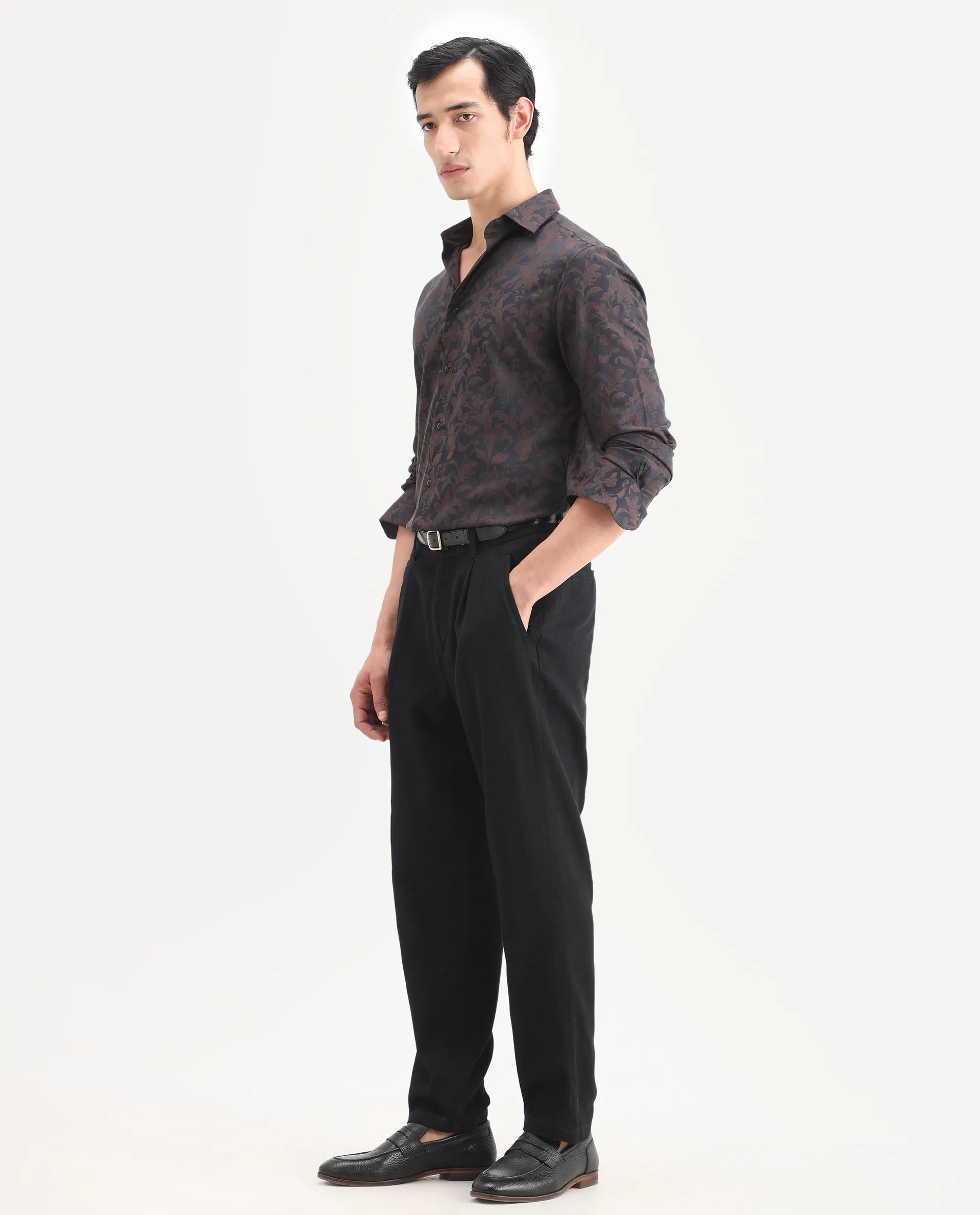 Rare Rabbit Men's Nada Black Cotton Fabric Relaxed Fit Plain Trouser