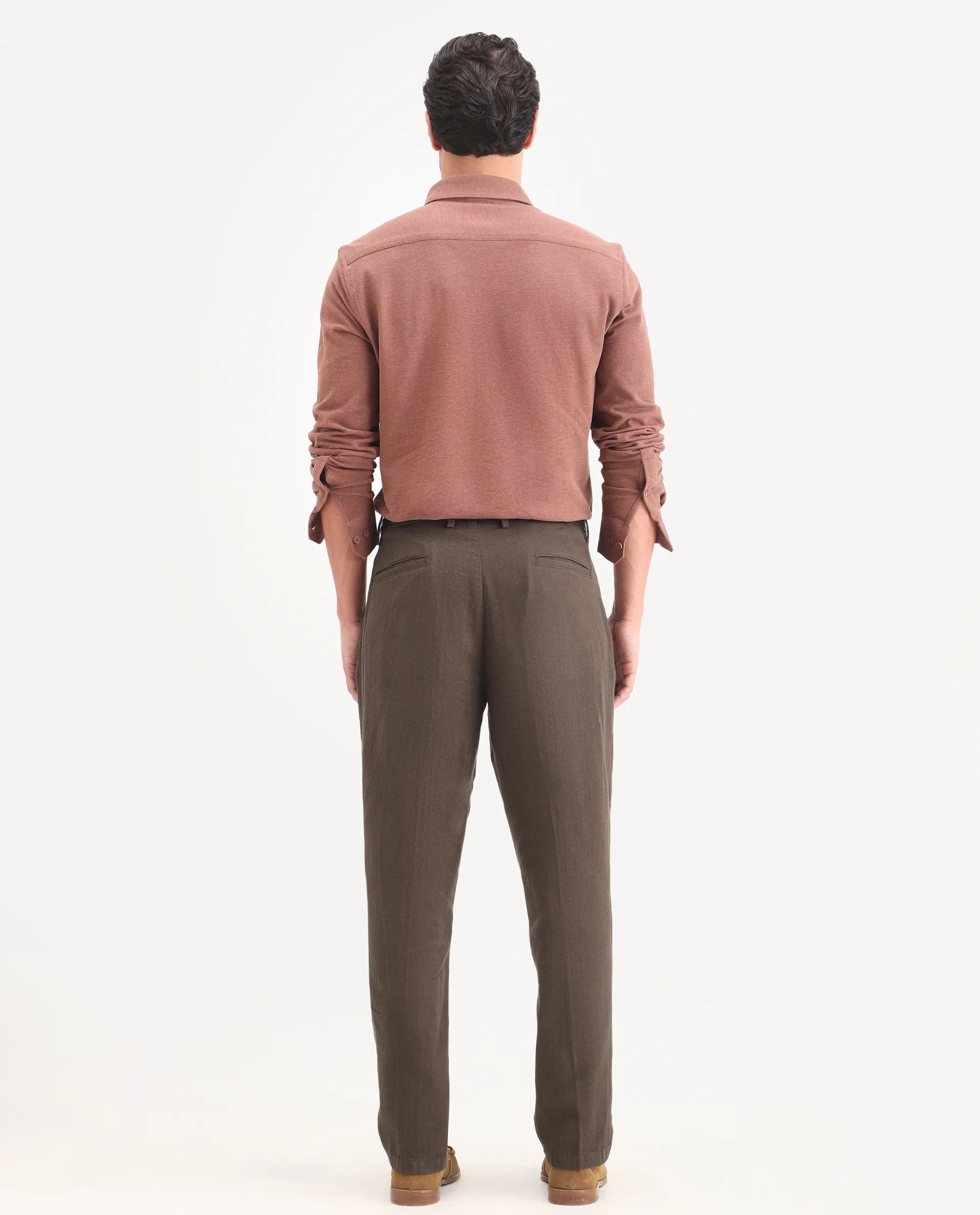 Rare Rabbit Men's Nada Dark Brown Cotton Fabric Relaxed Plain Trouser