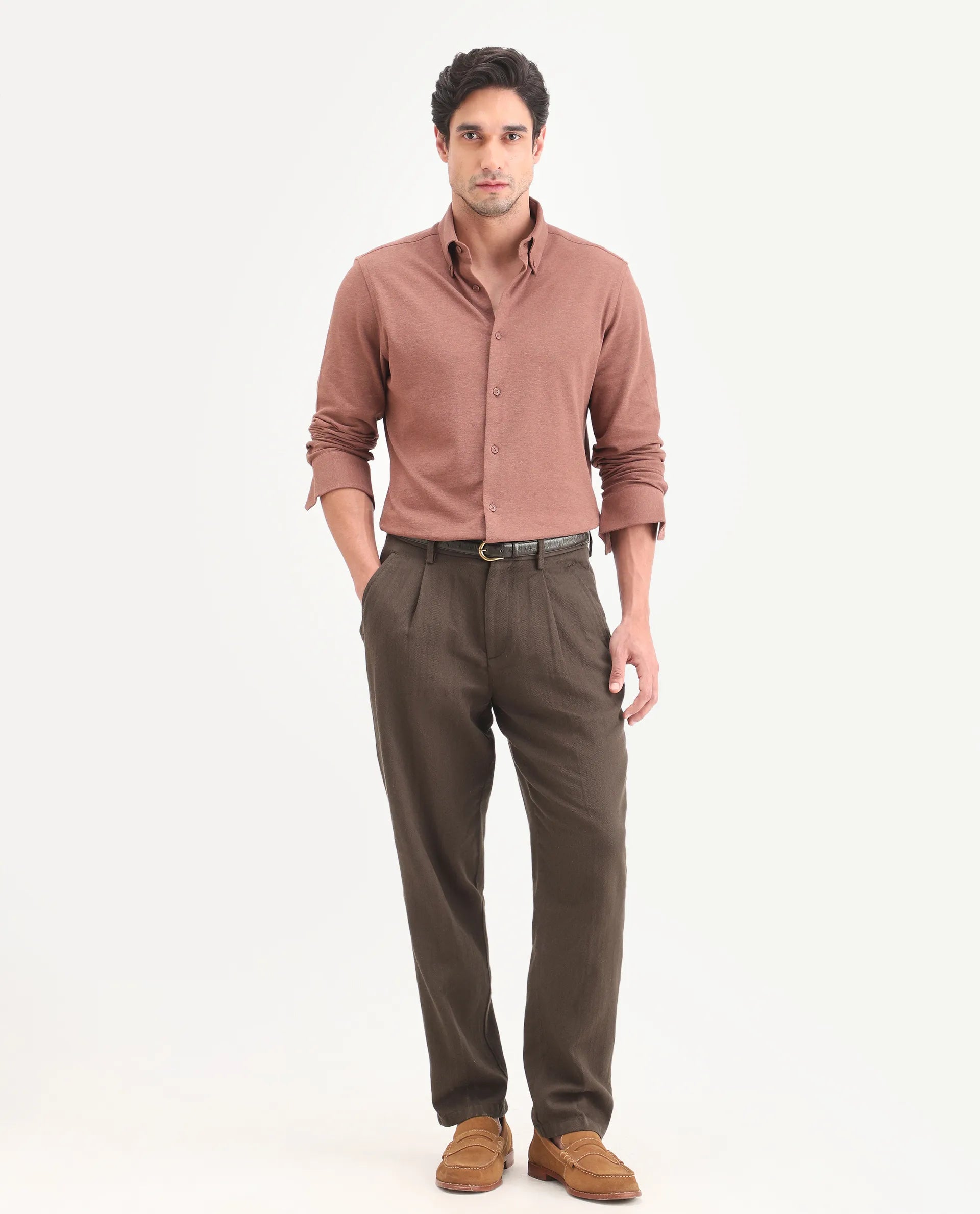 Rare Rabbit Men's Nada Dark Brown Cotton Fabric Relaxed Plain Trouser