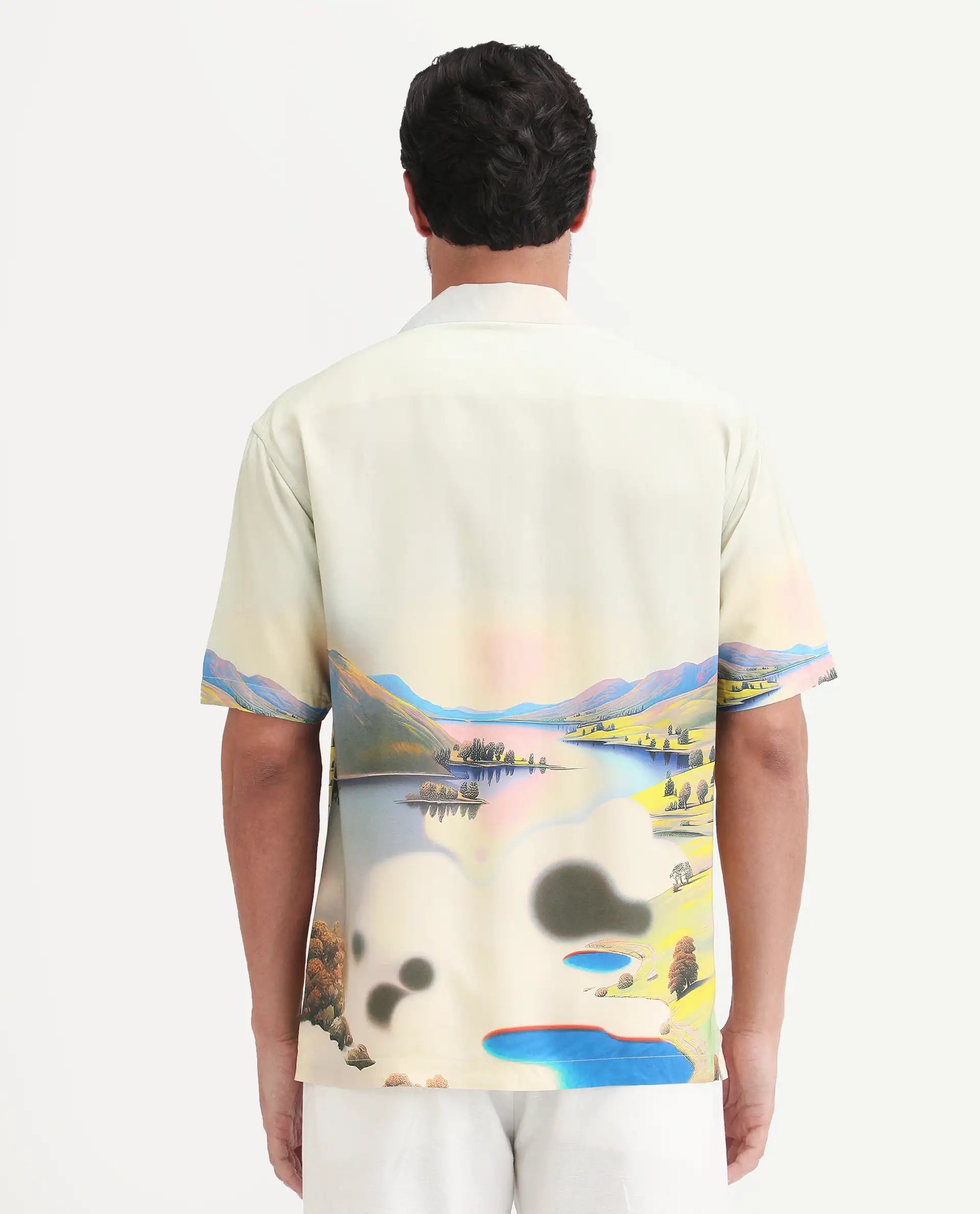 Rare Rabbit Men's Afix Dusky Beige Viscose Fabric Half Sleeve Cuban Collar Regular Fit Abstract Print Shirt