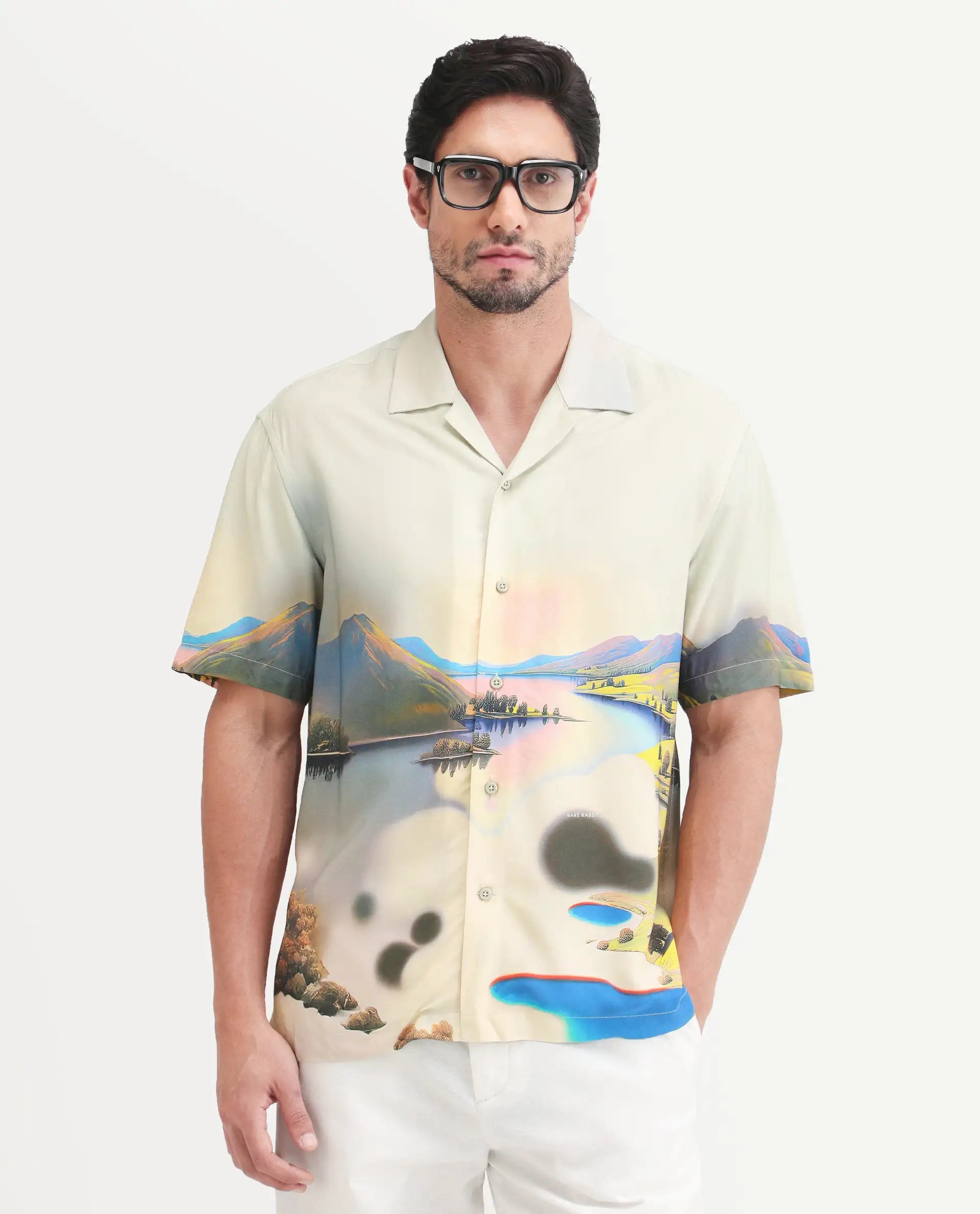Rare Rabbit Men's Afix Dusky Beige Viscose Fabric Half Sleeve Cuban Collar Regular Fit Abstract Print Shirt