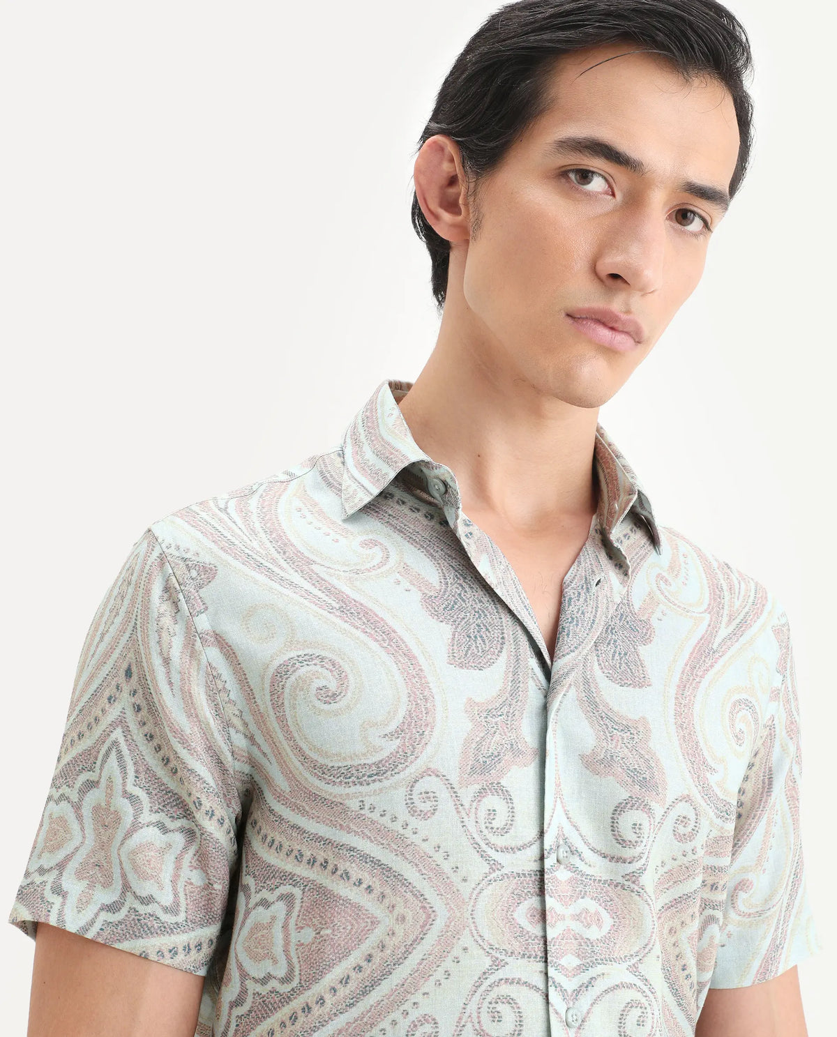 Rare Rabbit Men's Bliq Pastel Blue Linen Blend Fabric Half Sleeve Spread Collar Regular Fit Paisley Print Shirt