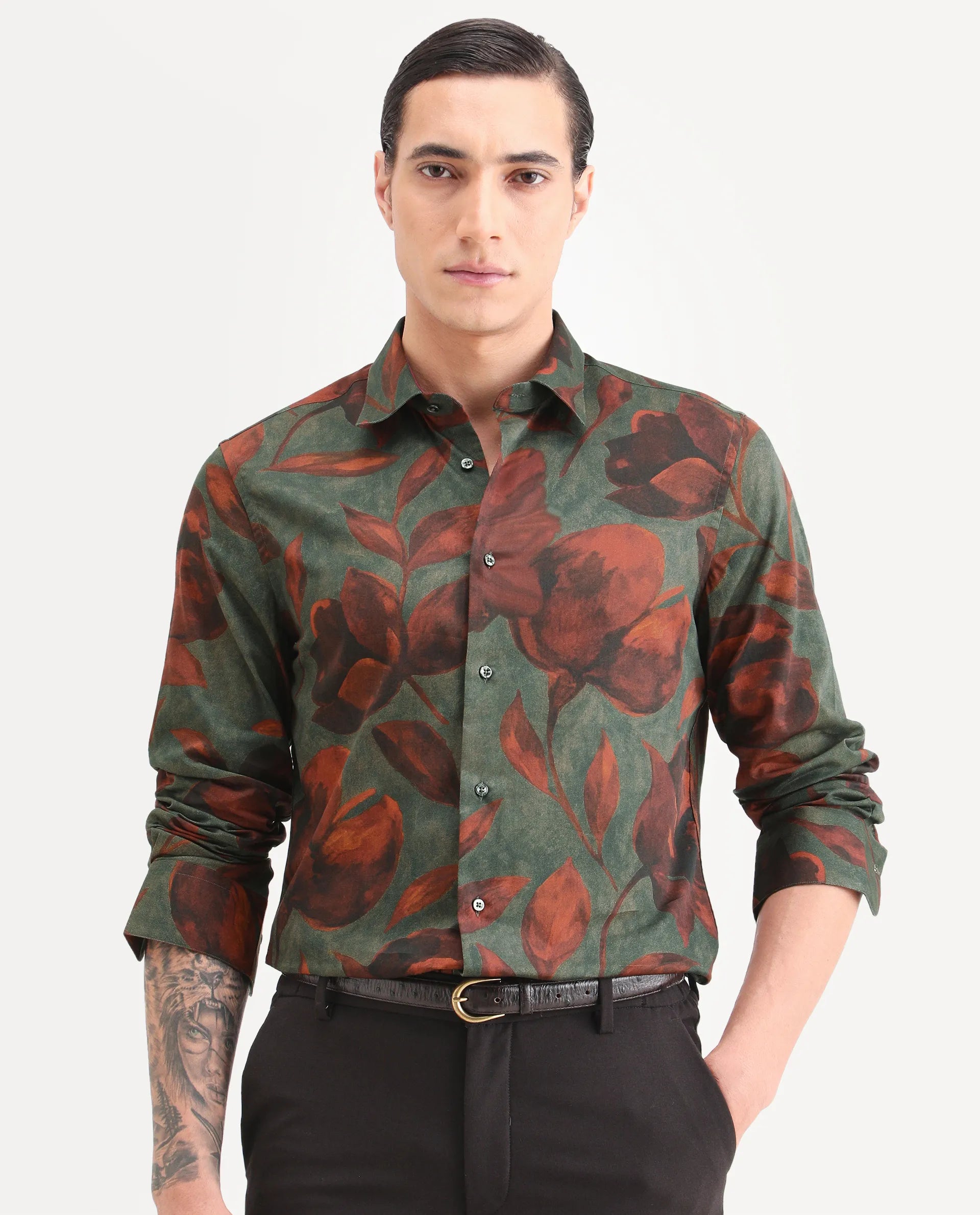 Rare Rabbit Men's Brol Dusky Green Cotton Fabric Full Sleeve Spread Collar Regular Fit Floral Print Shirt