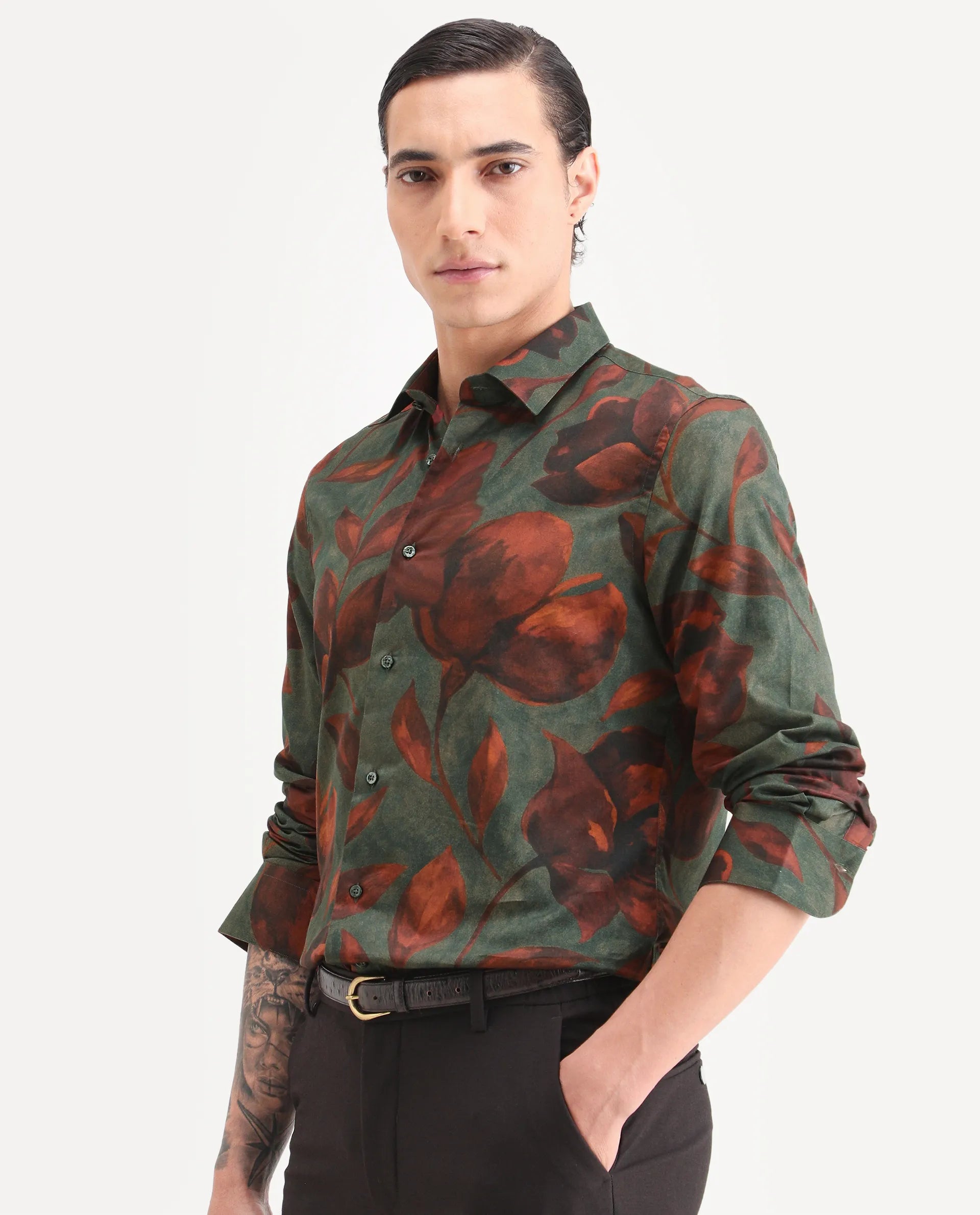 Rare Rabbit Men's Brol Dusky Green Cotton Fabric Full Sleeve Spread Collar Regular Fit Floral Print Shirt