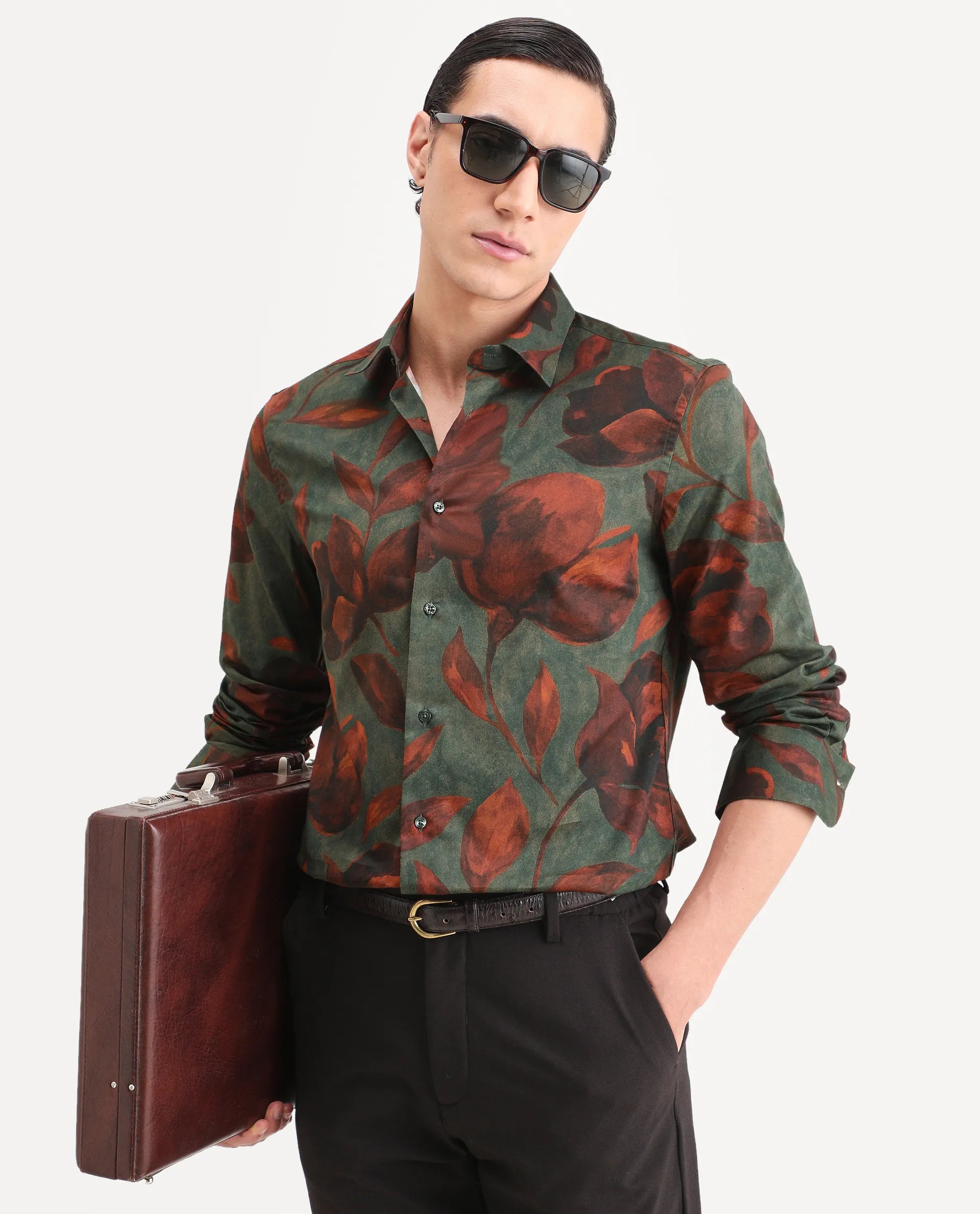 Rare Rabbit Men's Brol Dusky Green Cotton Fabric Full Sleeve Spread Collar Regular Fit Floral Print Shirt