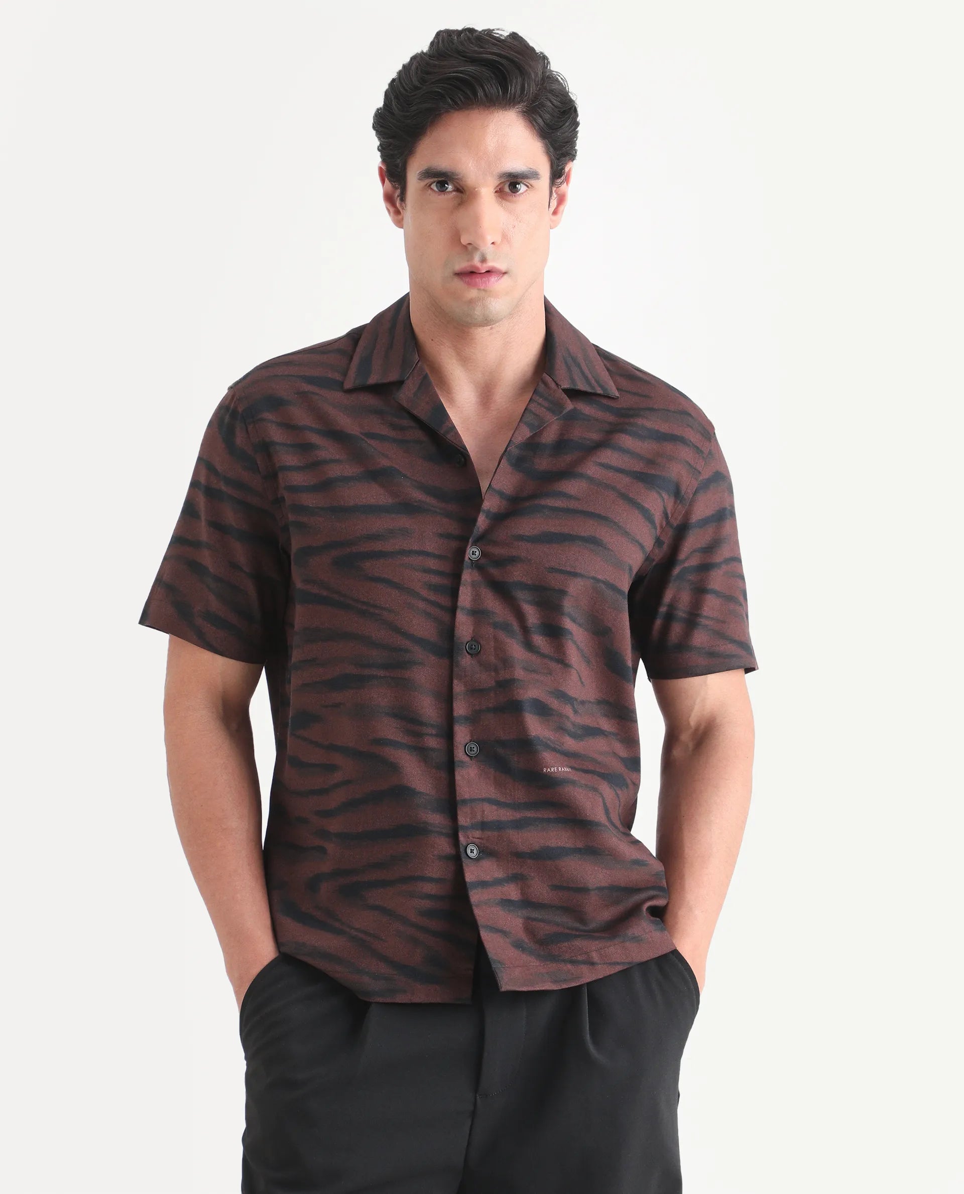 Rare Rabbit Men's Dins Dusky Maroon Cotton Blend Blend Fabric Half Sleeve Cuban Collar Regular Fit Abstract Print Shirt