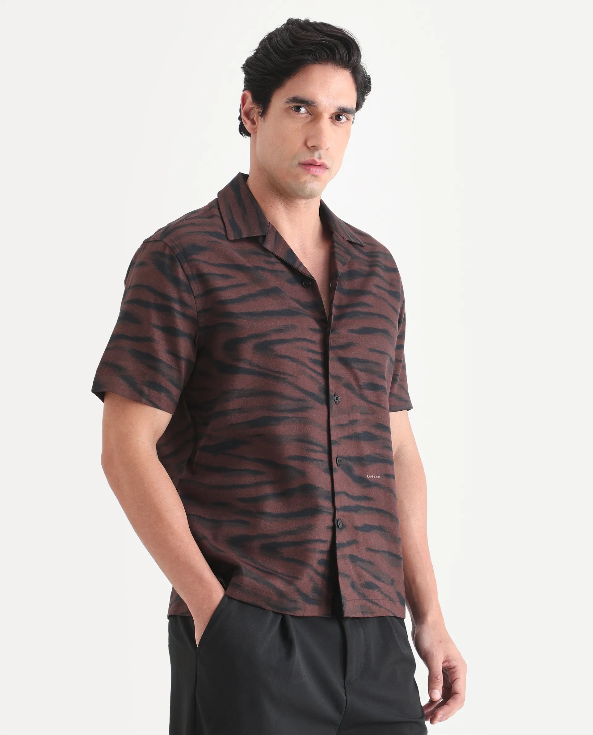 Rare Rabbit Men's Dins Dusky Maroon Cotton Blend Blend Fabric Half Sleeve Cuban Collar Regular Fit Abstract Print Shirt
