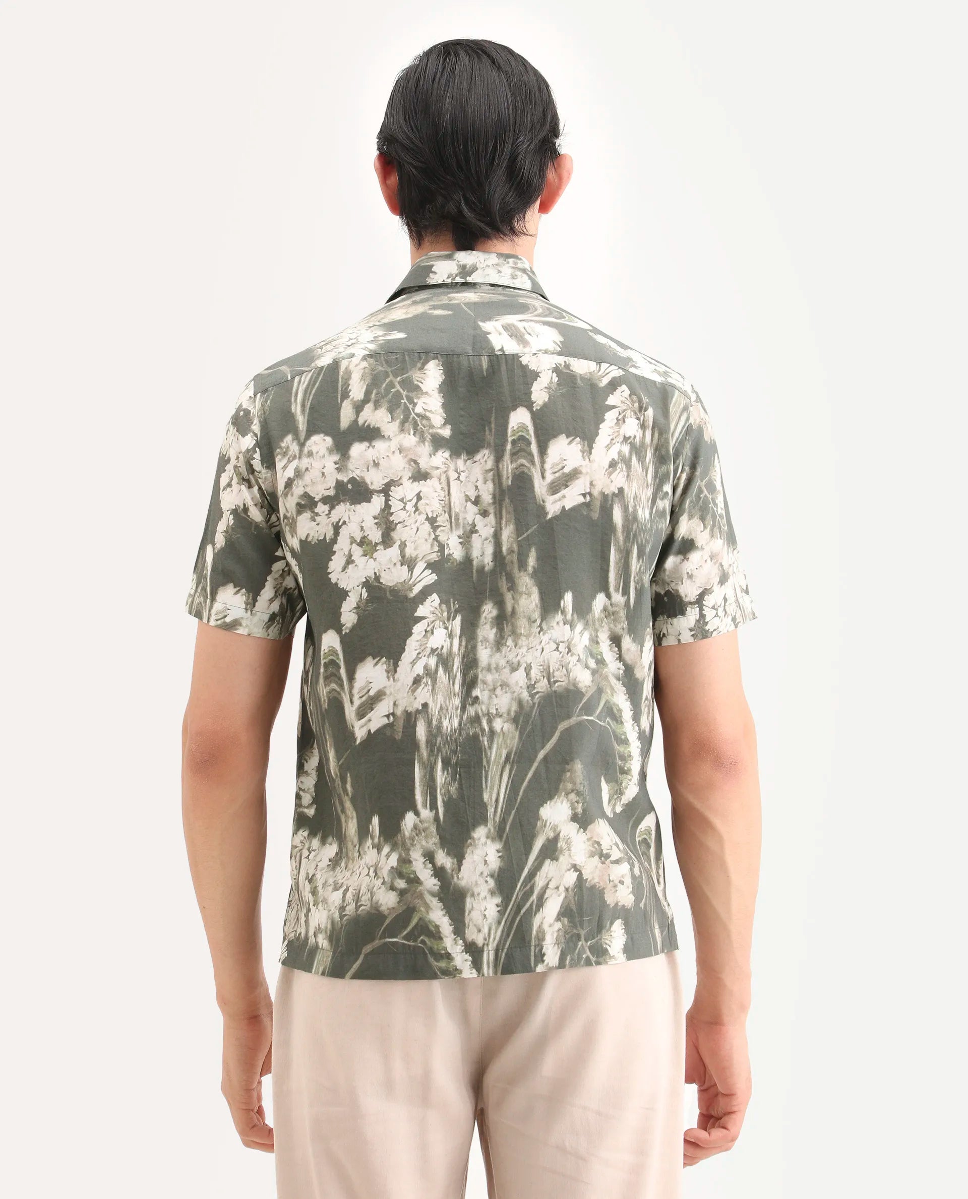 Rare Rabbit Men's Dova Dusky Green Modal Blend Fabric Full Sleeve Spread Collar Regular Fit Floral Print Shirt