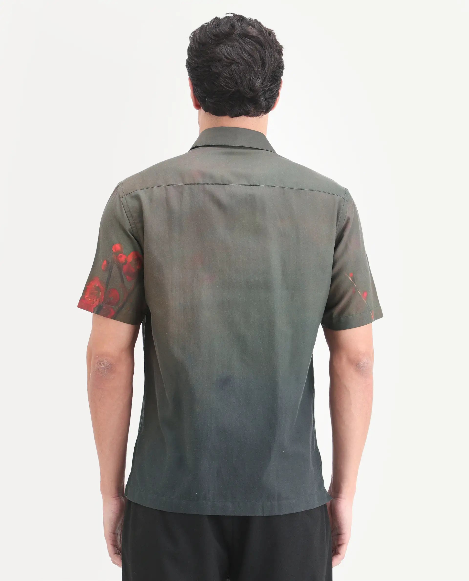 Rare Rabbit Men's Dufy Dusky Olive Cotton Blend Fabric Half Sleeve Spread Collar Regular Fit Floral Print Shirt